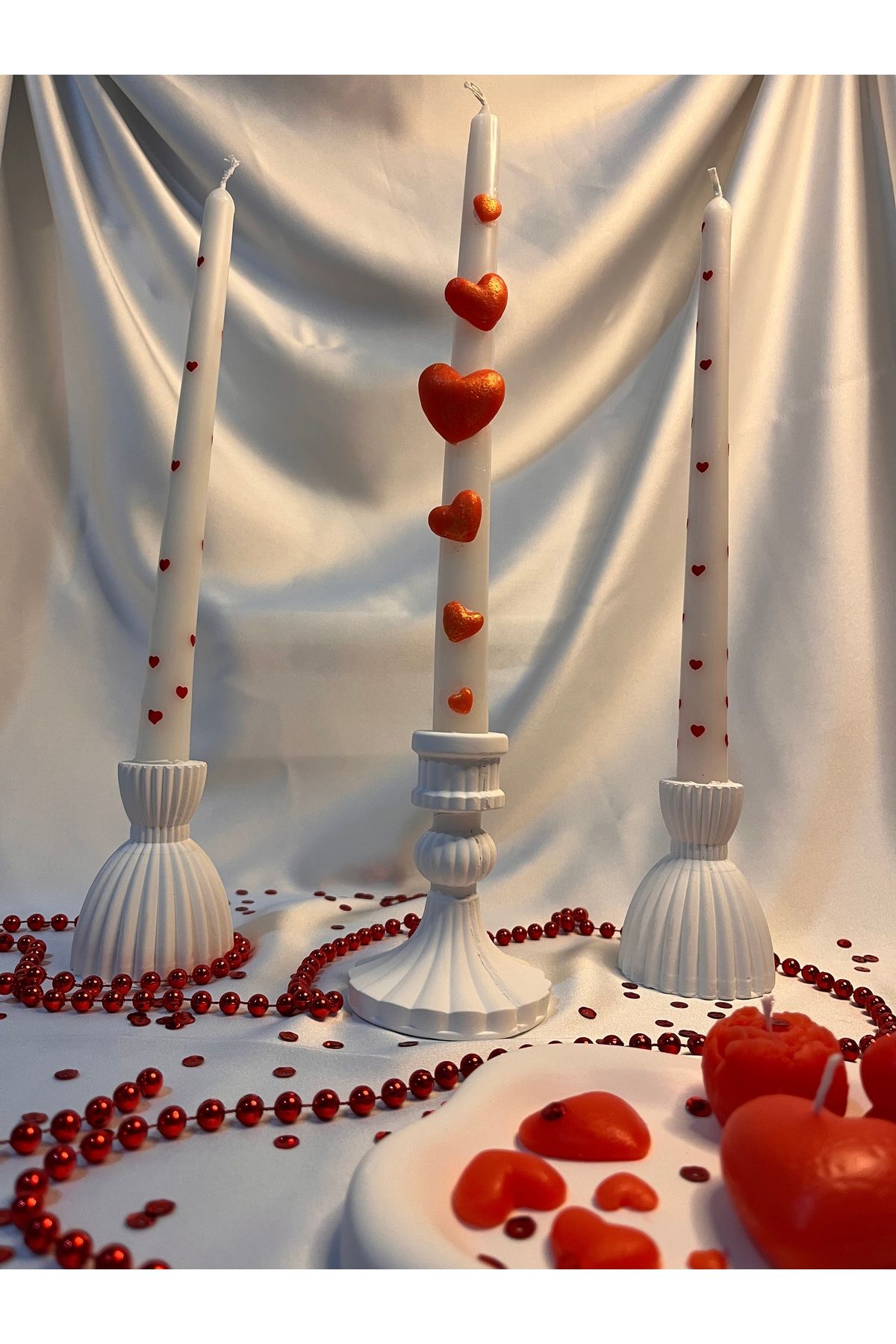 Nis Candle More Kalp Detaylı 3'lü Kabartma Desen Şamdan Mum
