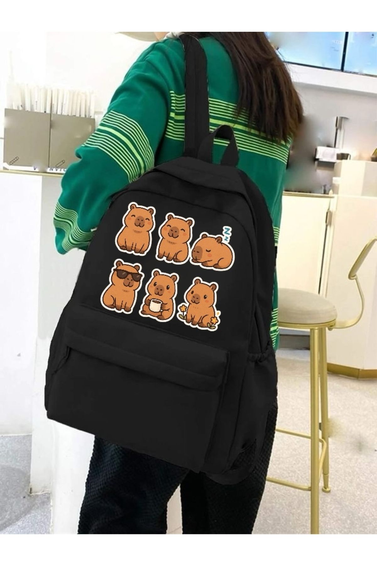 DENİKK Capybara Baskılı Siyah Siyah Laptop Okul Kurs Kamp Seyehat Gezi Günlük Kullanım Sırt Çantası