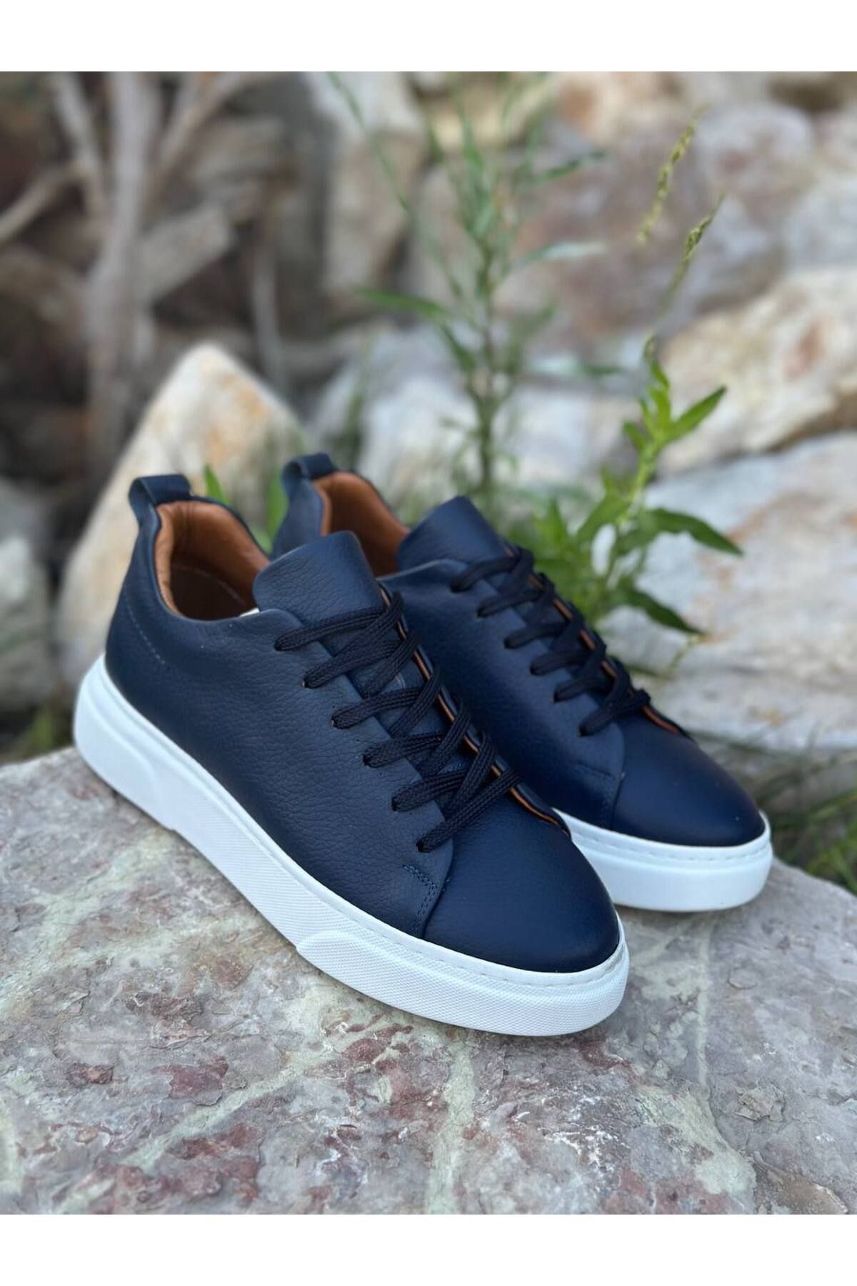 DERWARDEIN Lacivert Erkek Spor Ayakkabı Hakiki Deri - Günlük Sneaker Modeli
