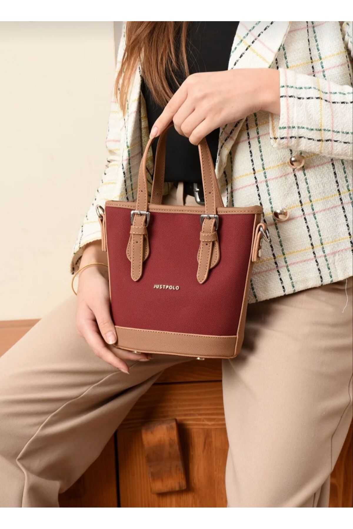 Just Polo Kadın BORDO orta boy El ve Omuz Çantası