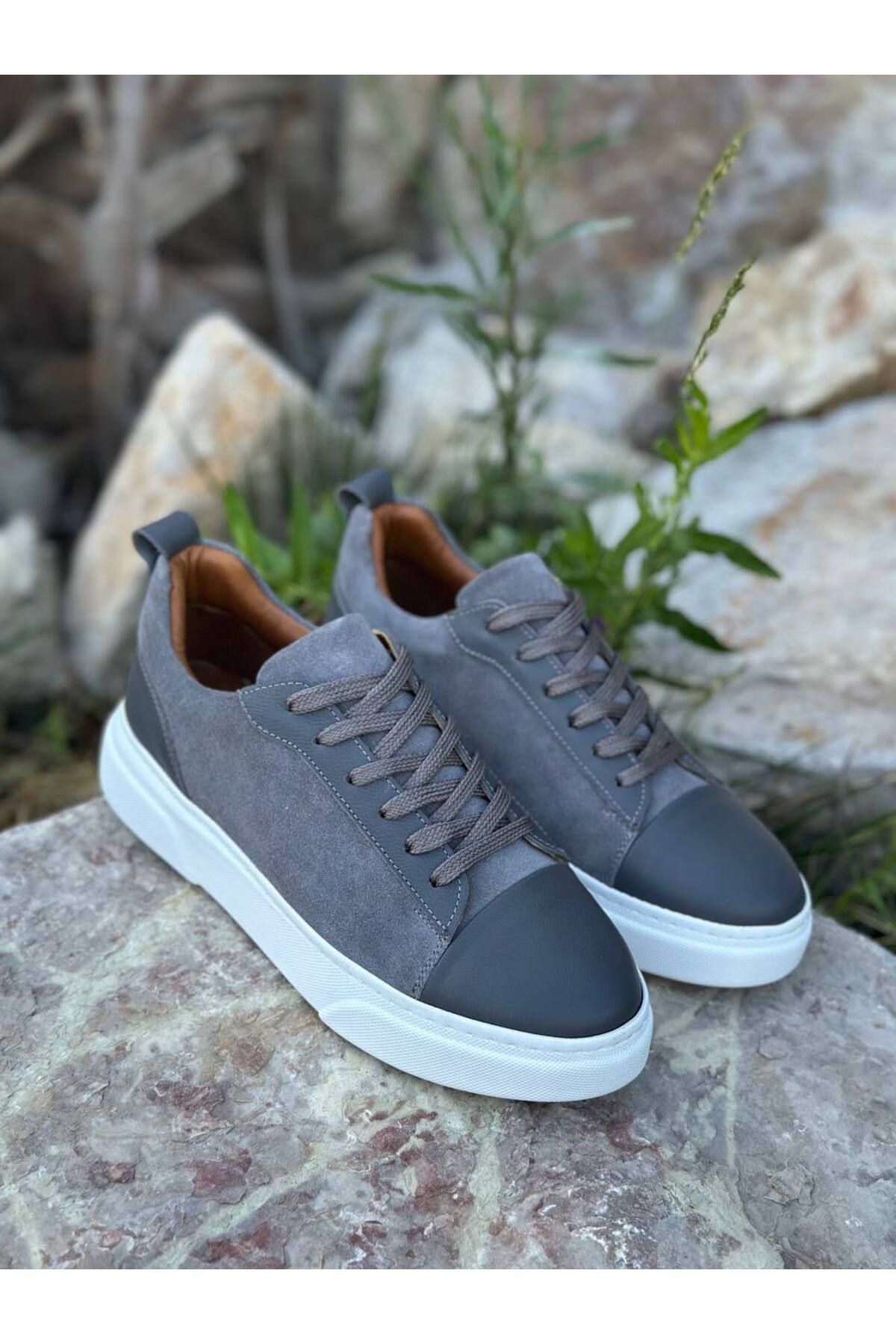 DERWARDEIN Gri Süet Erkek Spor Ayakkabı Hakiki Deri - Günlük Sneaker Modeli