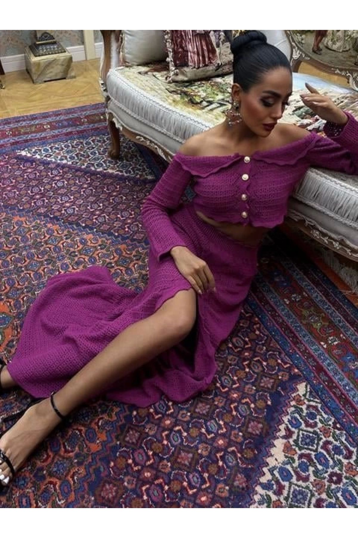POLEXP Derin Yırtmaçlı Madonna Yaka Triko Takım 10099