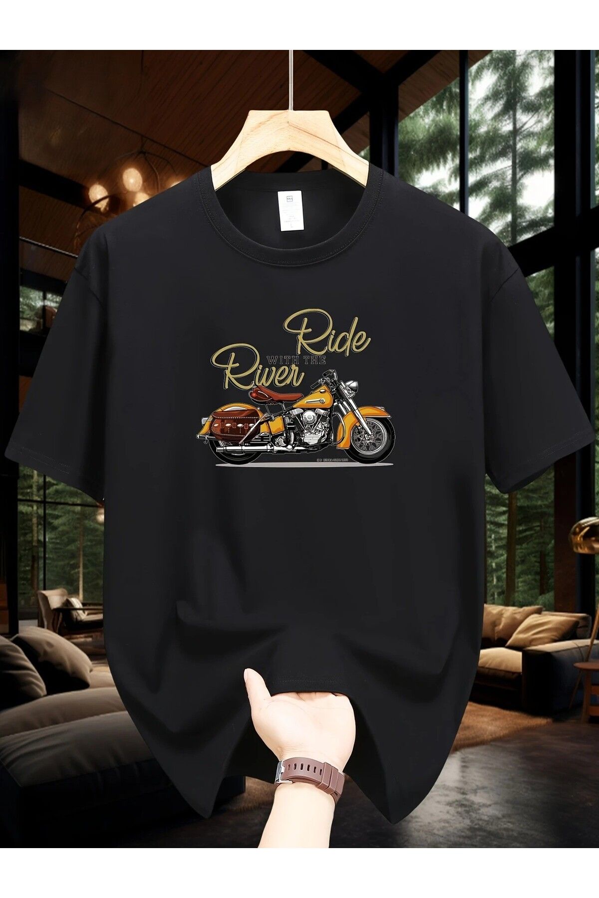 Massgai Unisex Ride River Motorcycle Baskılı Oversize %100 Pamuk T-shirt