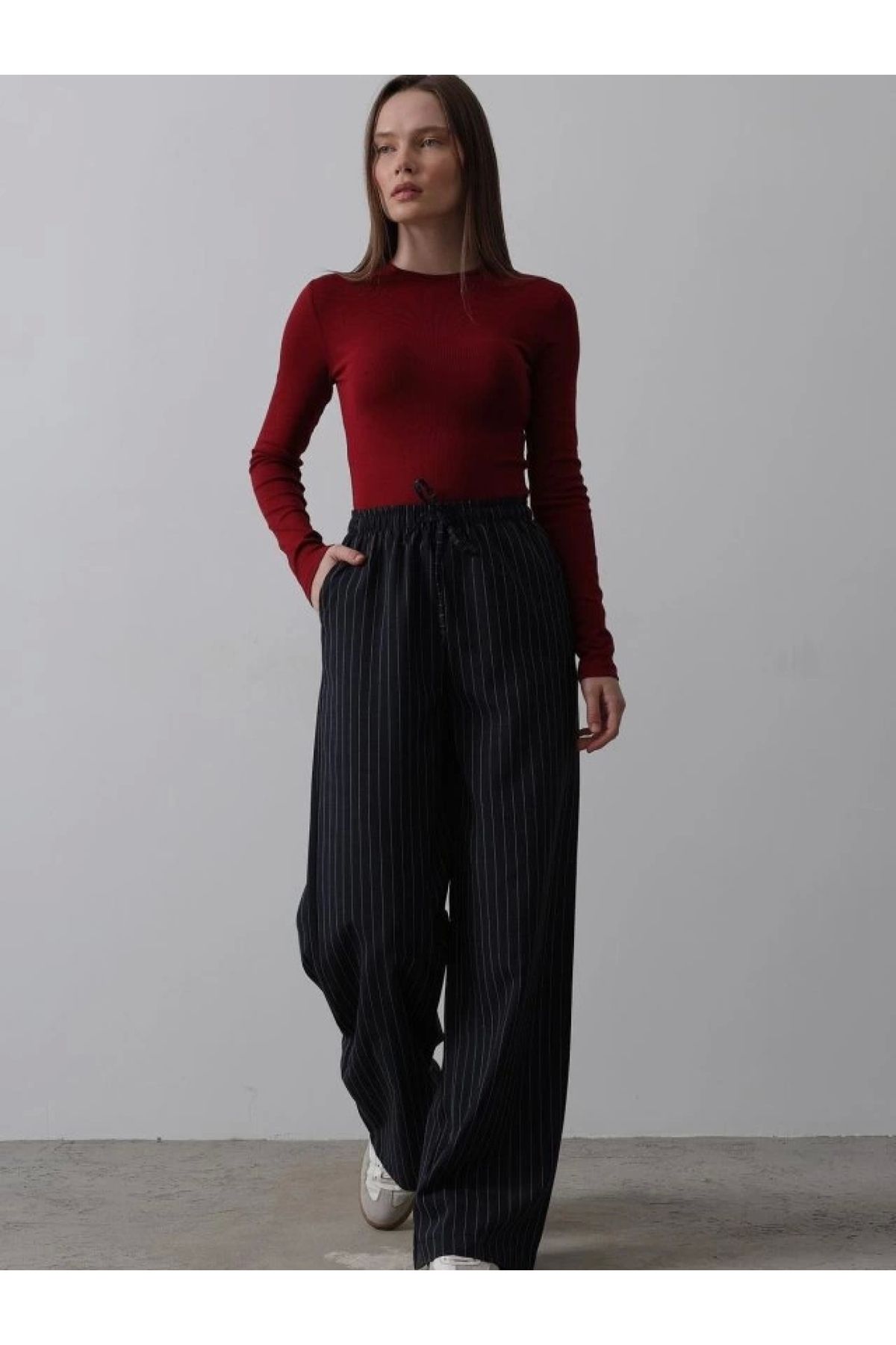 POLEXP Beli Lastikli Bol Paça Pantolon - Lacivert-Beyaz