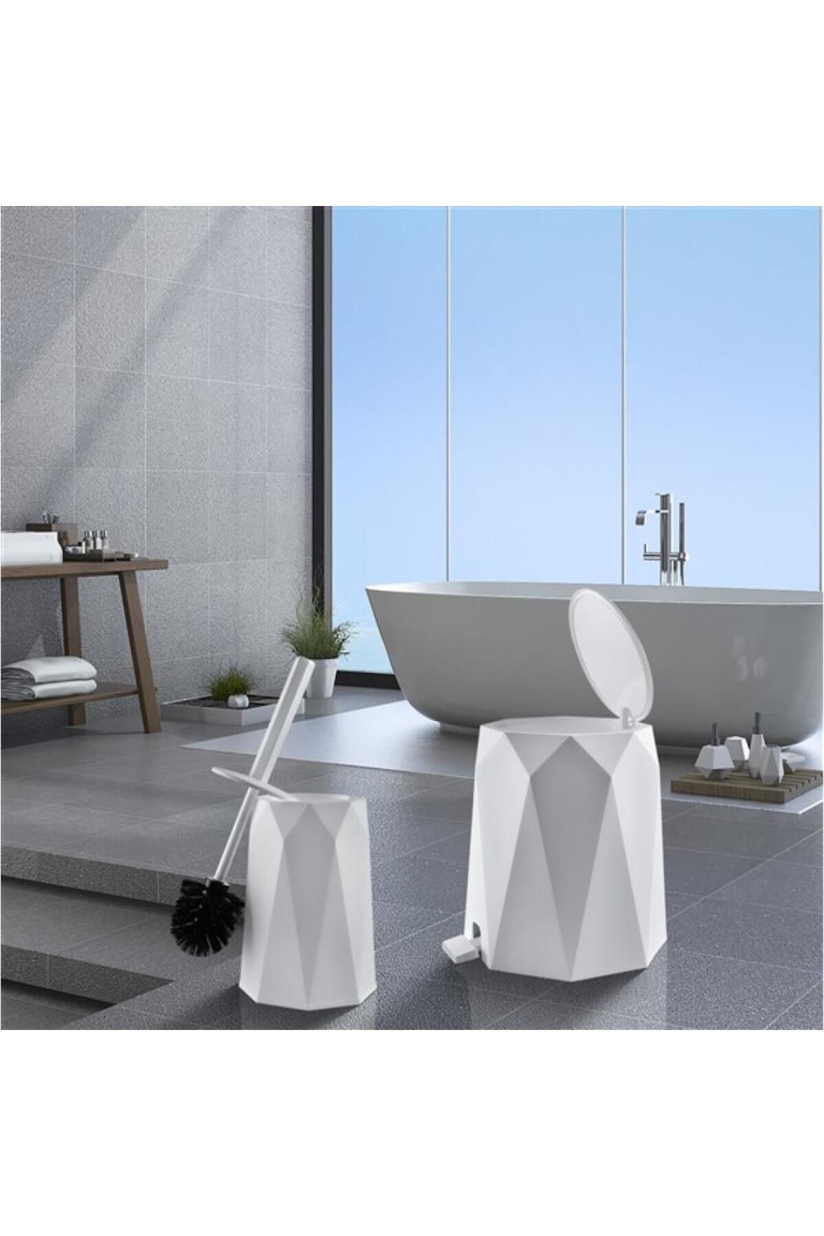 Omnipazar-Elf-478 Geo 2-Piece Trash Can Wc Brush Bathroom Set 2