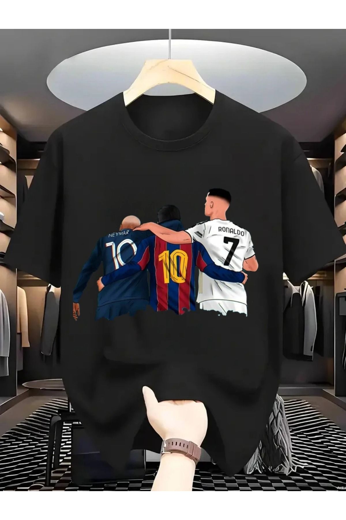 Massgai Unisex Neymar Messi Ronaldo Baskılı Oversize %100 Pamuk T-shirt