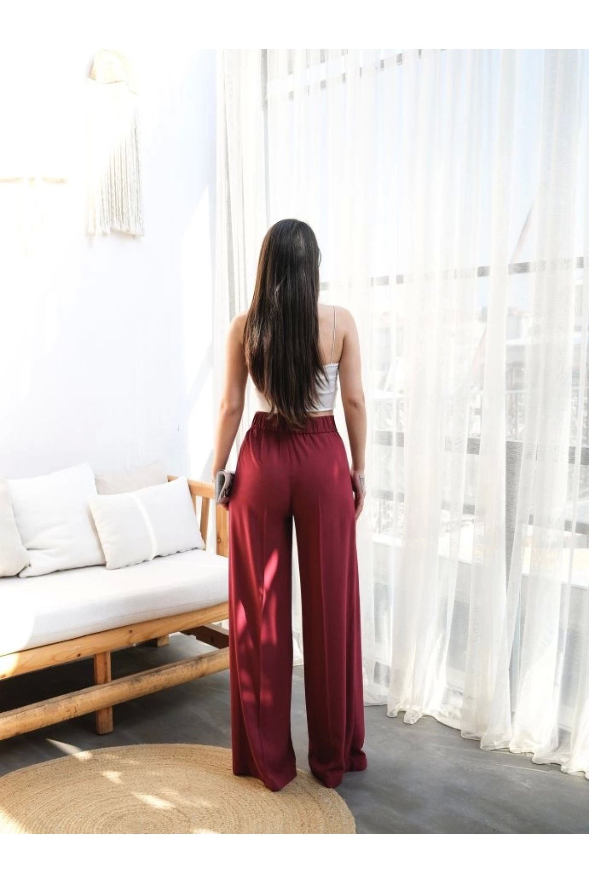 POLEXP Modern Keten Geniş Paça Pantolon
