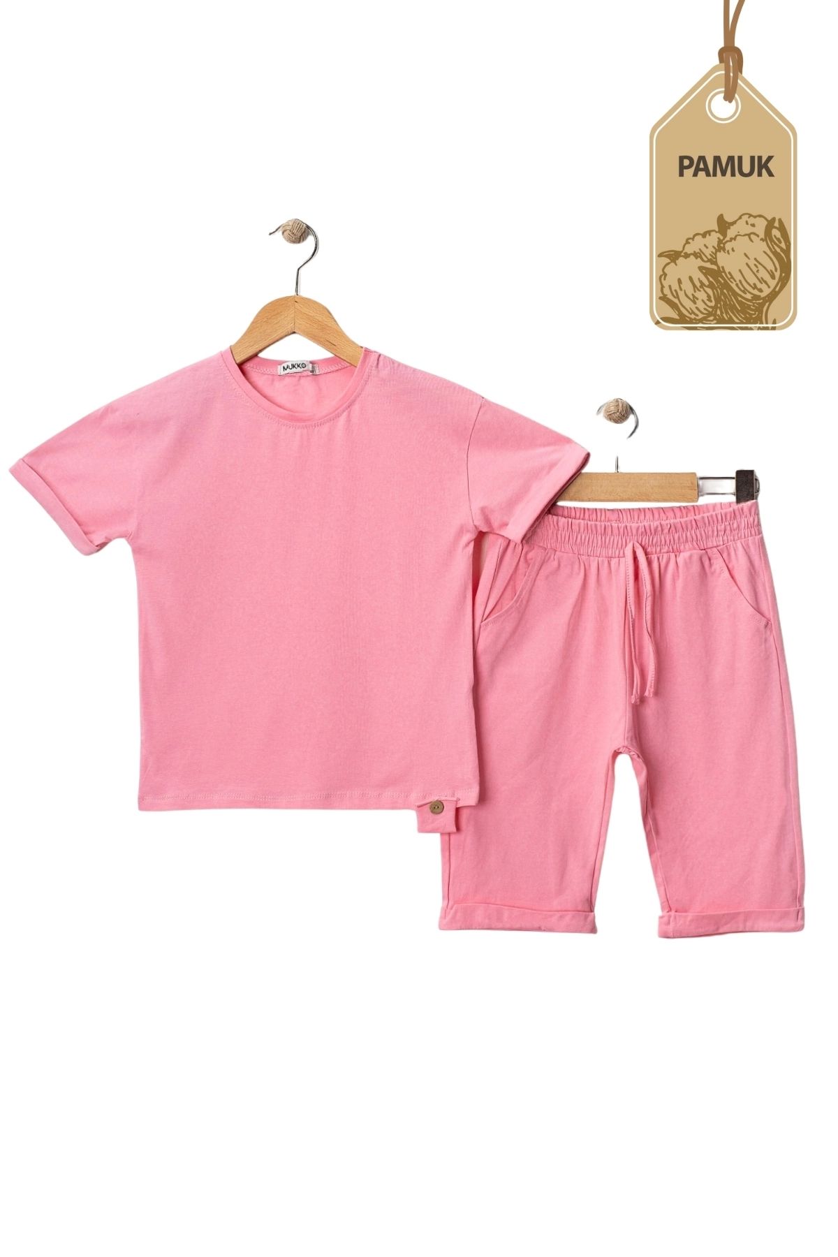 MK Mukko Kids Kız Erkek Çocuk Tahta Düğmeli Tasarım Basic Yazlık Pembe Alt Üst Takım