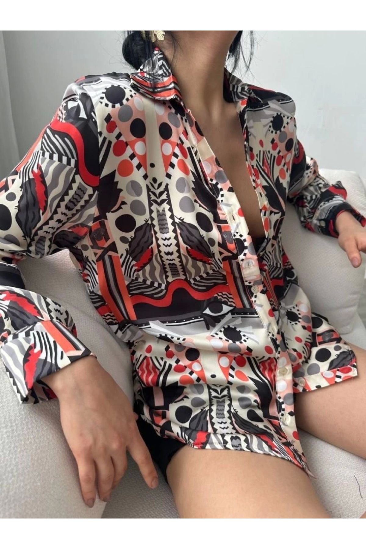 POLEXP Rahat ve Şık Oversize Desenli Gömlek