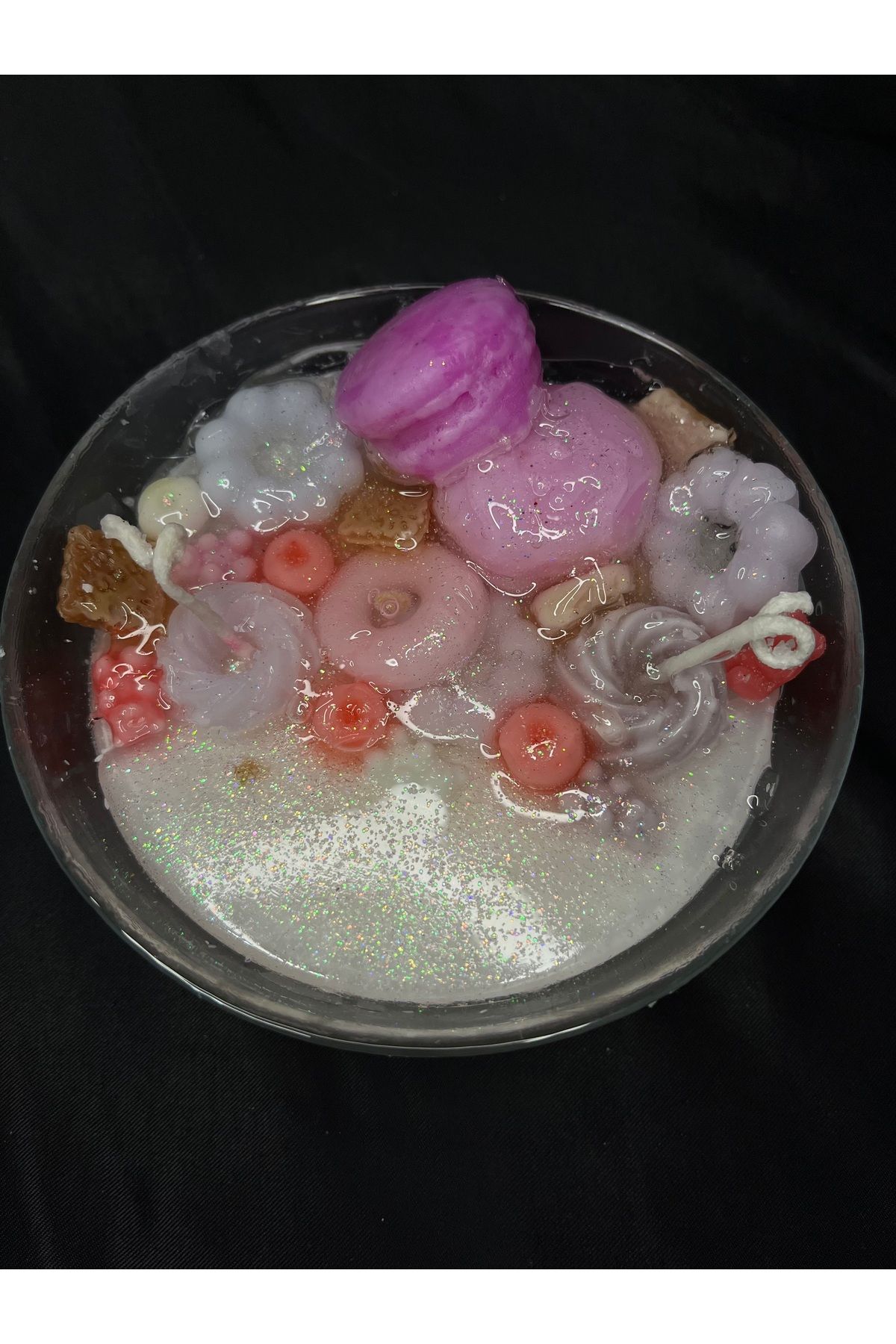 Nis Candle More Cam kapta atıştırmalık detaylı jel mum ( jelibon, makaron, kurabiye)