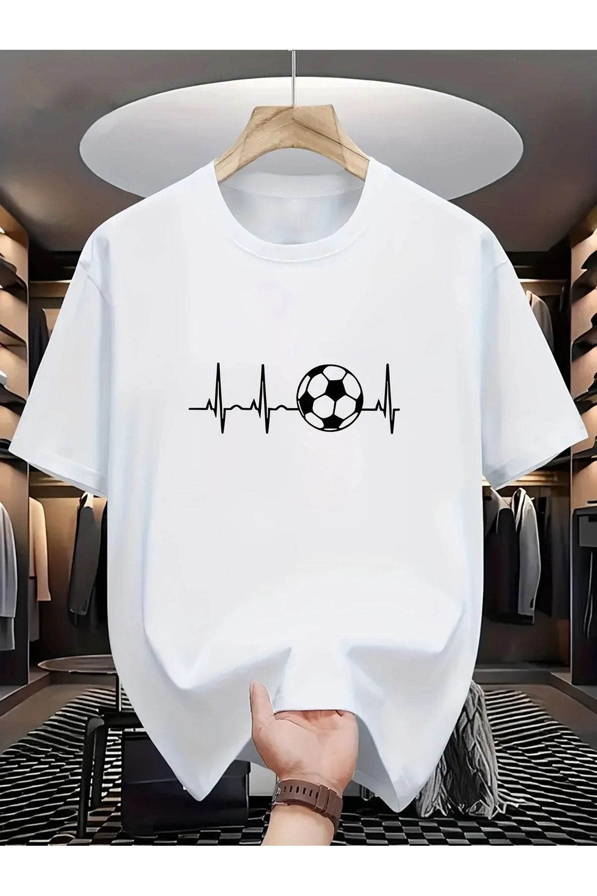 Massgai Unisex Ritim Ekg Futbol Topu Baskılı Oversize %100 Pamuk T-shirt