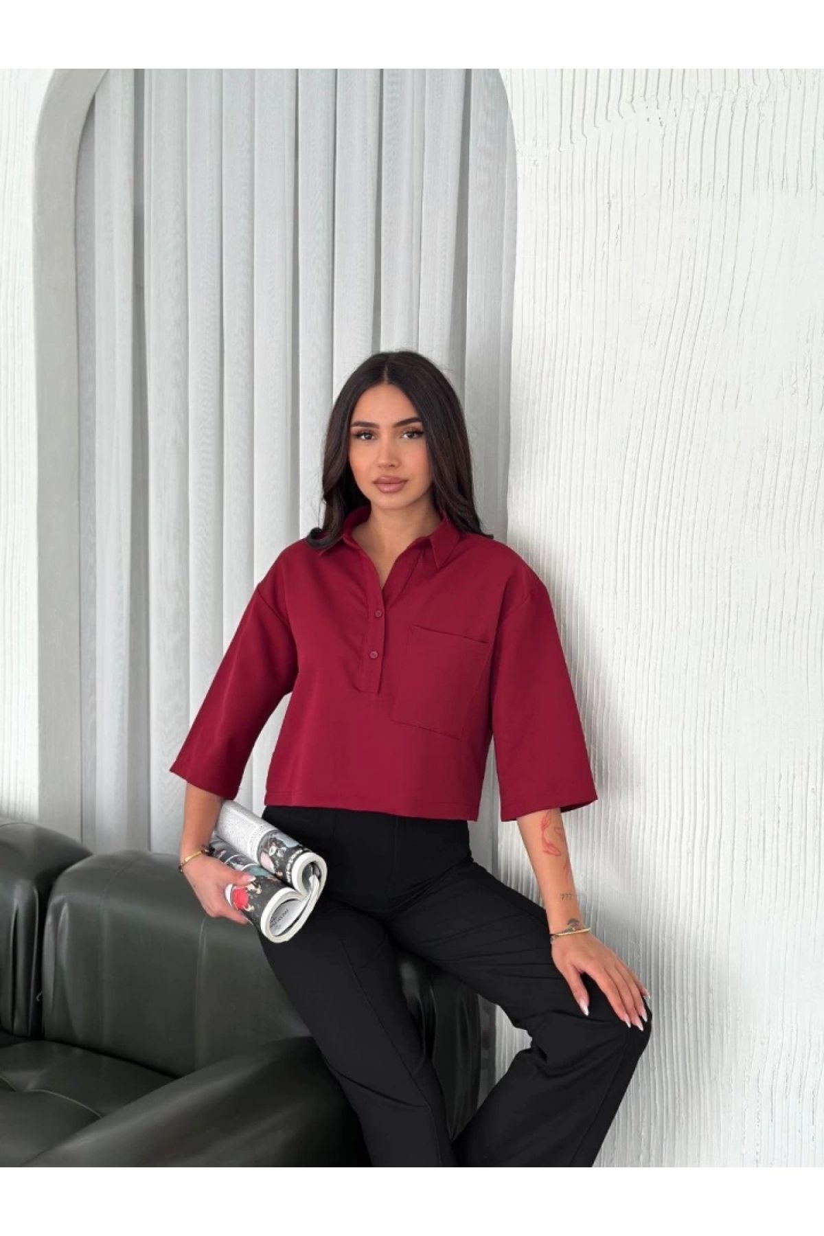 POLEXP Crop Yakalı Gömlek - Bordo Sleeve