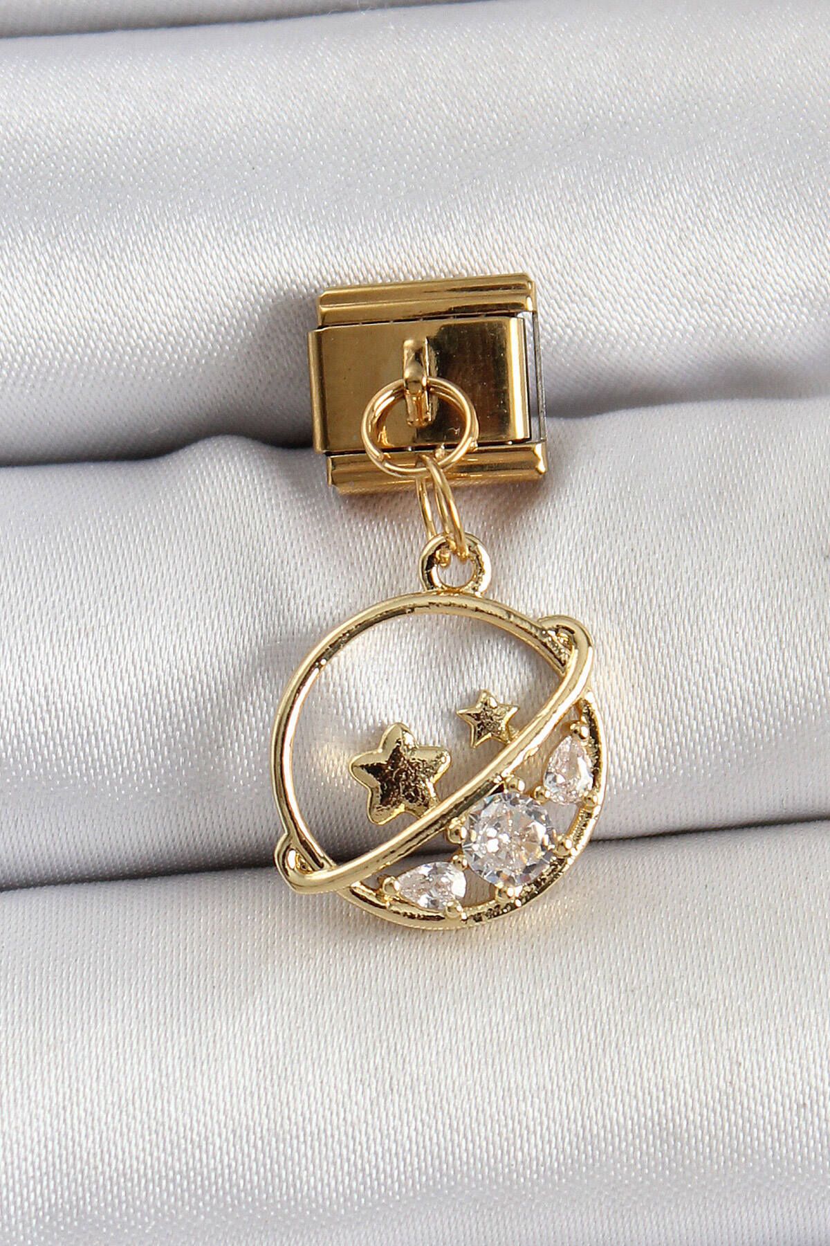 Avantaj Kapıda ® 316L Çelik Sallantılı Zirkon Taşlı Satürn Model Gold Renk Nomination Charm
