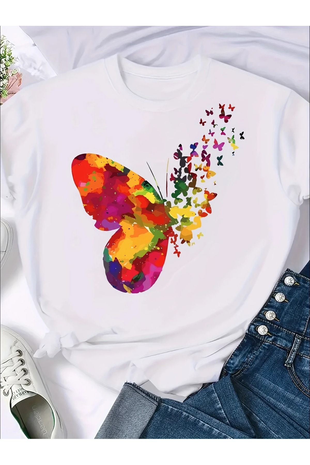 Massgai Unisex Kelebekler Butterfly Baskılı Oversize %100 Pamuk T-shirt