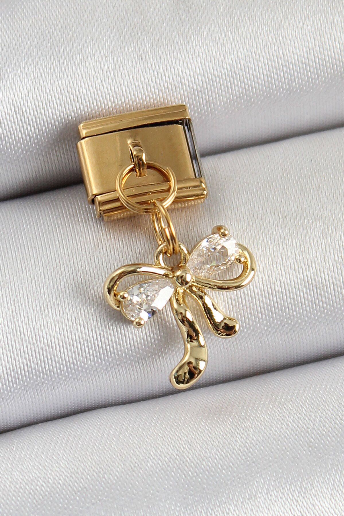 Avantaj Kapıda ® 316L Çelik Sallantılı Zirkon Taşlı Fiyonk Model Gold Renk Nomination Charm