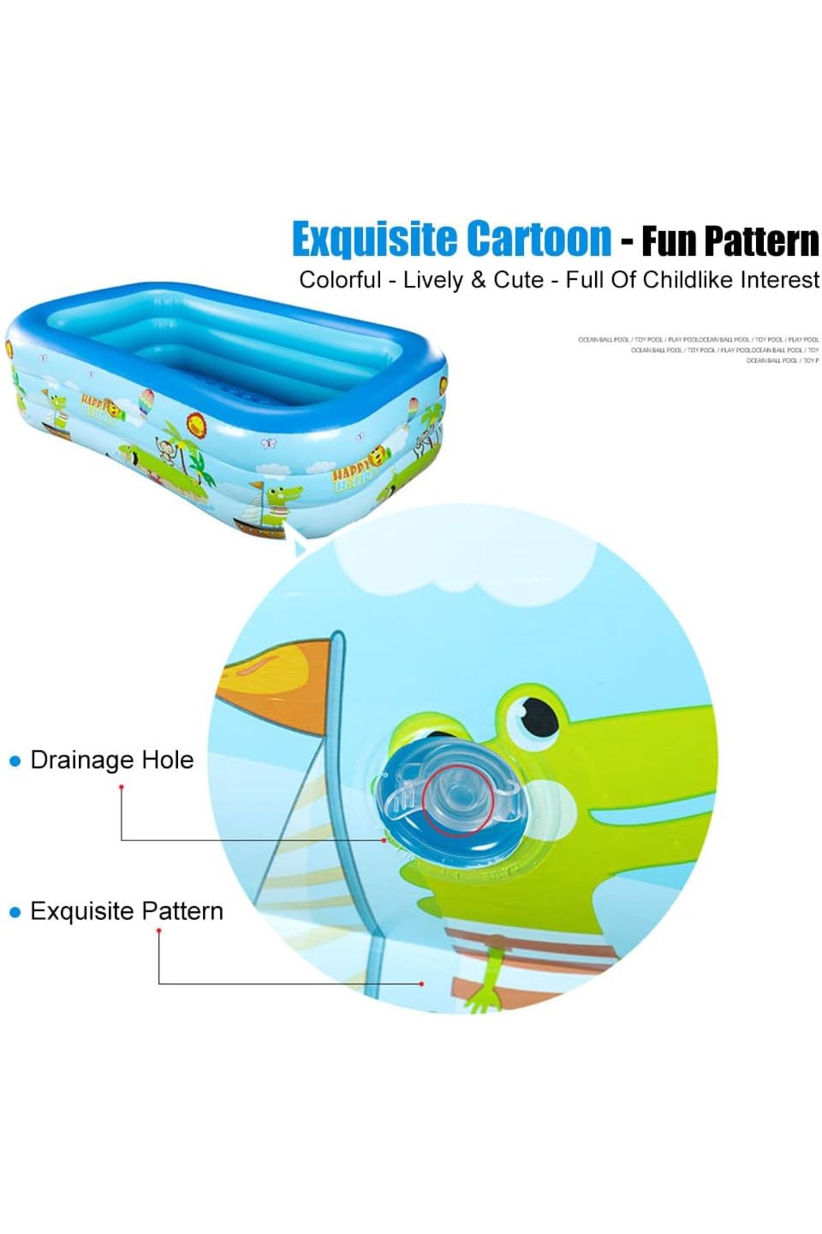 Joyful Box-Inflatable Pool with 3 Rings Joyful Box, 180 x 140 x 51 cm, Double Soft Seat, Blue with Drawings for 4