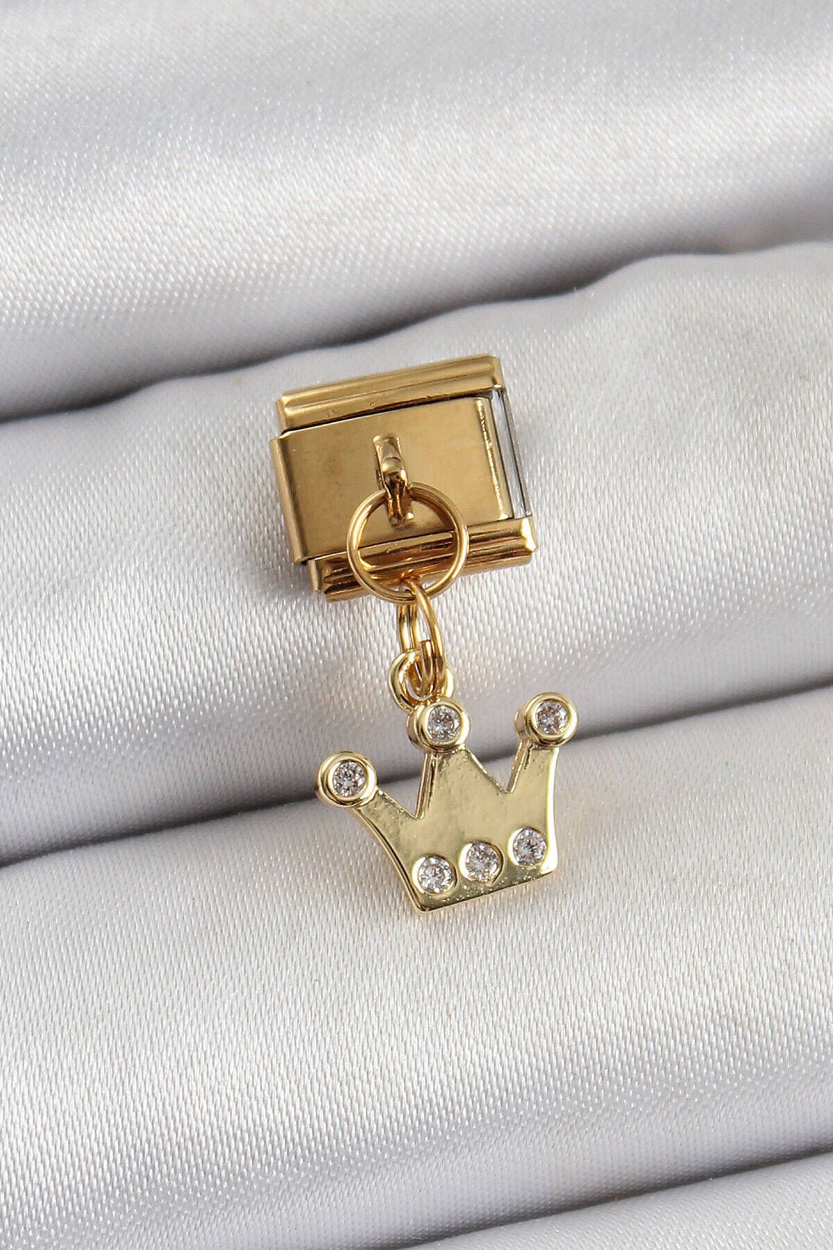 Avantaj Kapıda ® 316L Çelik Sallantılı Zirkon Taşlı Kraliçe Tacı Model Gold Renk Nomination Charm