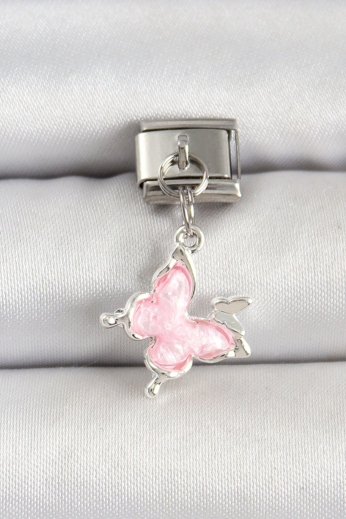 Avantaj Kapıda ® 316L Çelik Gümüş Renk Pembe Kelebek Model Nomination Charm