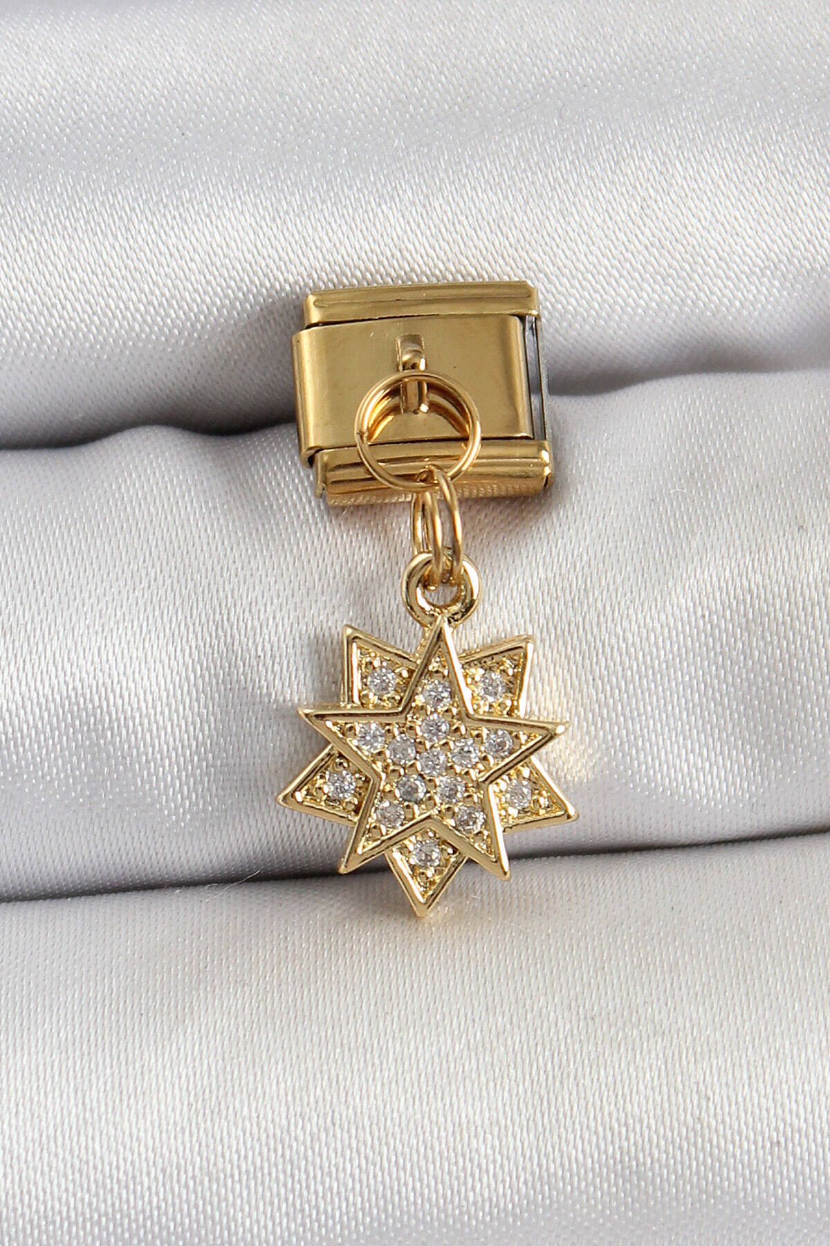 Avantaj Kapıda ® 316L Çelik Sallantılı Zirkon Taşlı Yıldız Model Gold Renk Nomination Charm