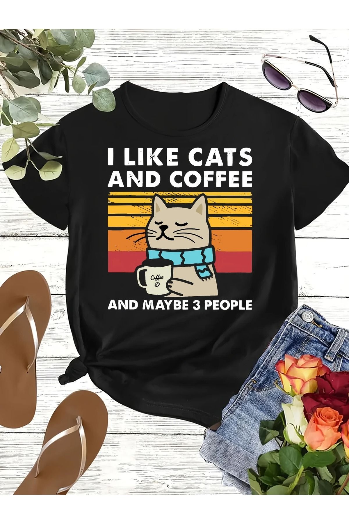 Massgai Unisex I Like Cats And Coffee Baskılı Oversize %100 Pamuk T-shirt