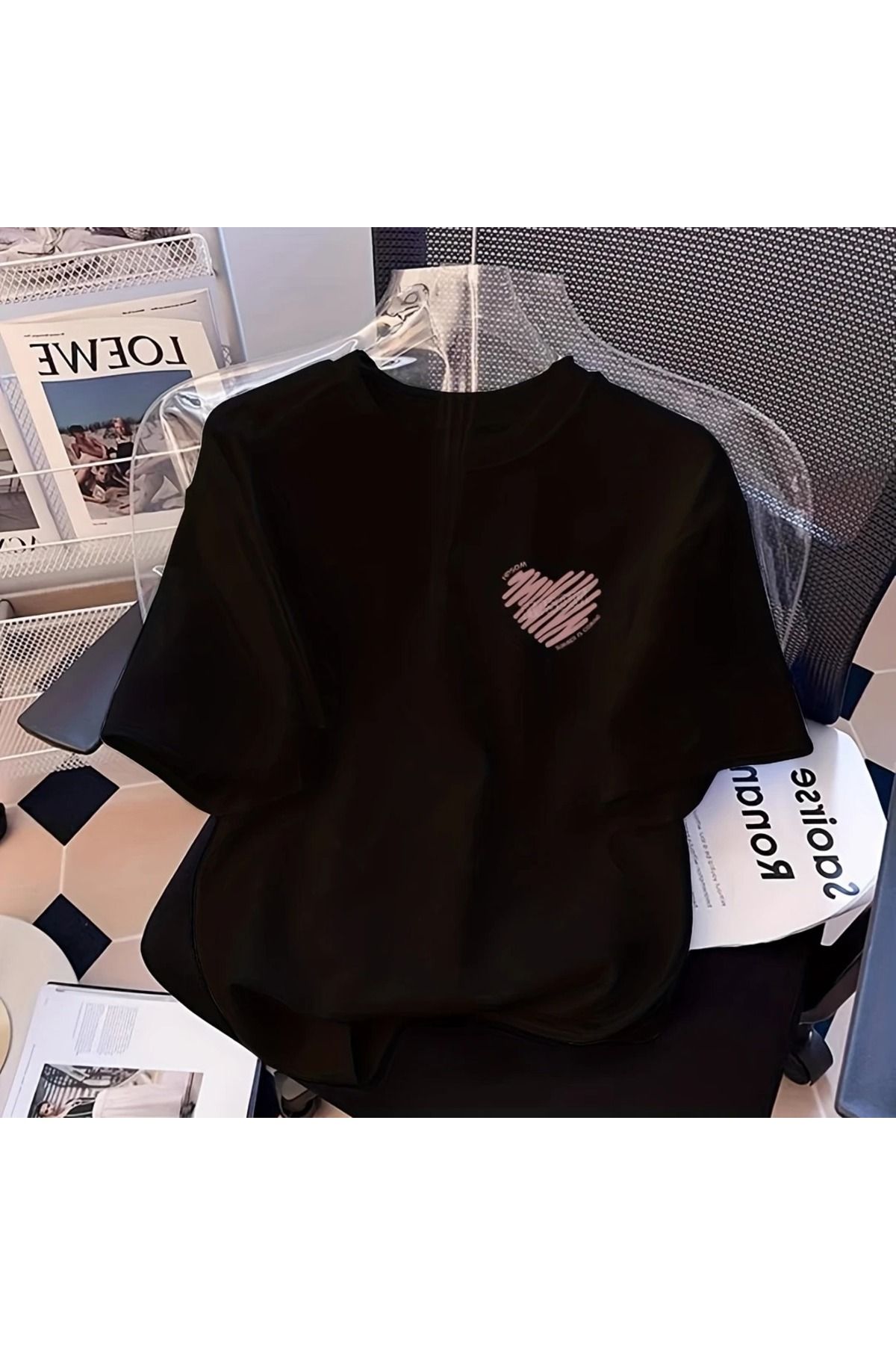 Massgai Unisex Kalp Heart Şekil Çizgi Baskılı Oversize %100 Pamuk T-shirt