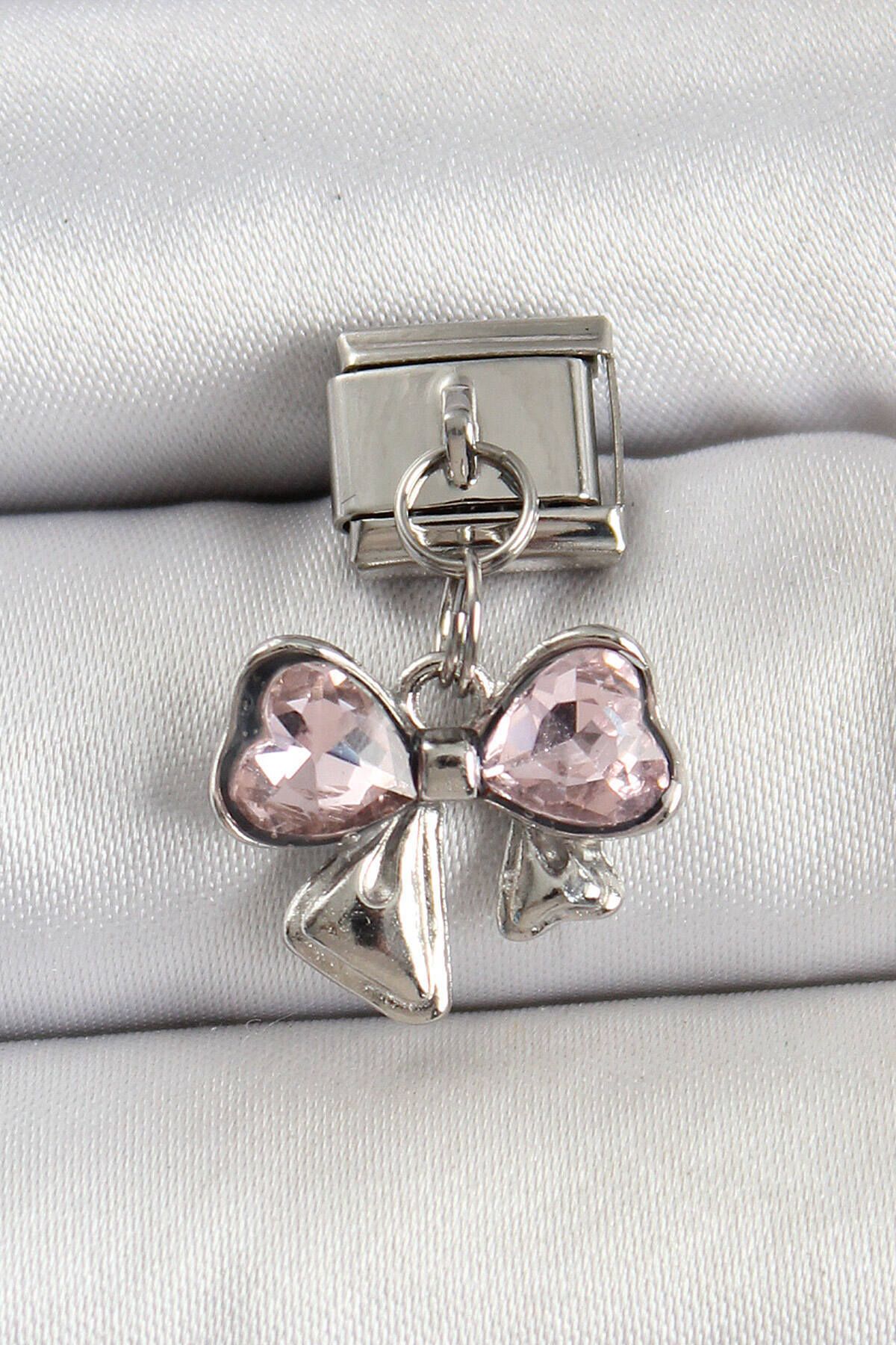 Avantaj Kapıda ® 316L Çelik Gümüş Renk Pembe Fiyonk Model Nomination Charm