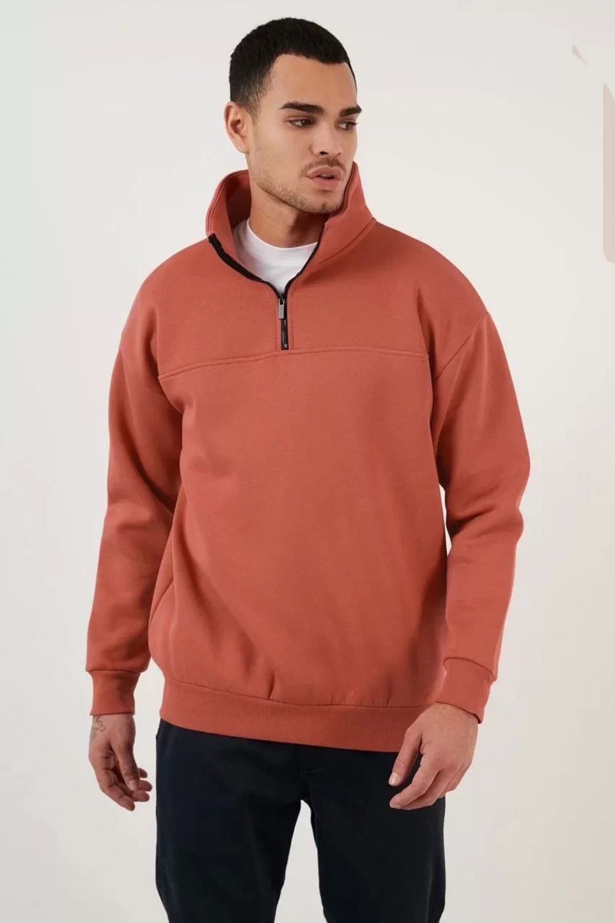 AE Stil Oversize Yarım Farmuarlı Yakalı Basic SweatShirt - Gül Kurusu