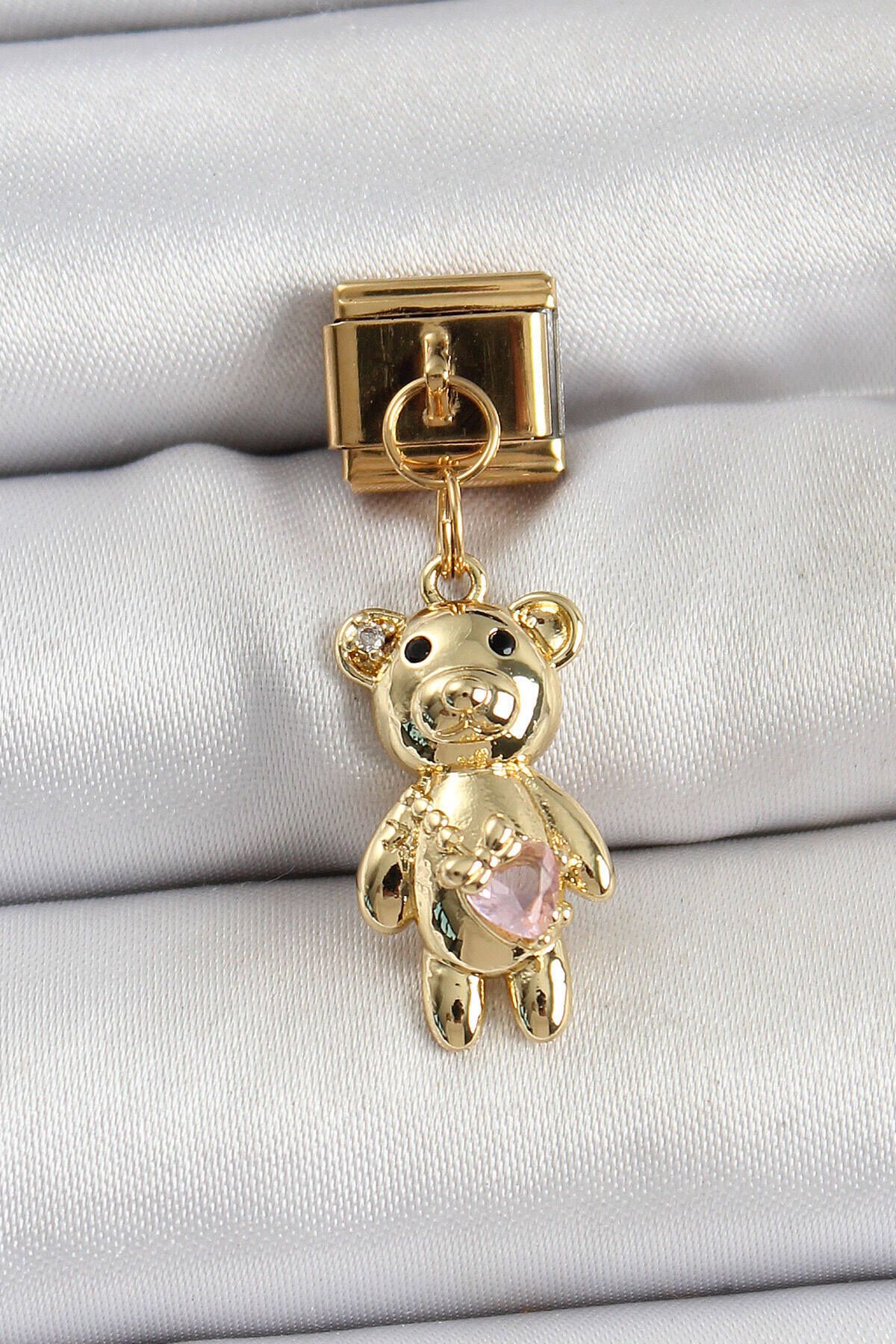 Avantaj Kapıda ® 316L Çelik Sallantılı Zirkon Taşlı Ayıcık Model Gold Renk Nomination Charm