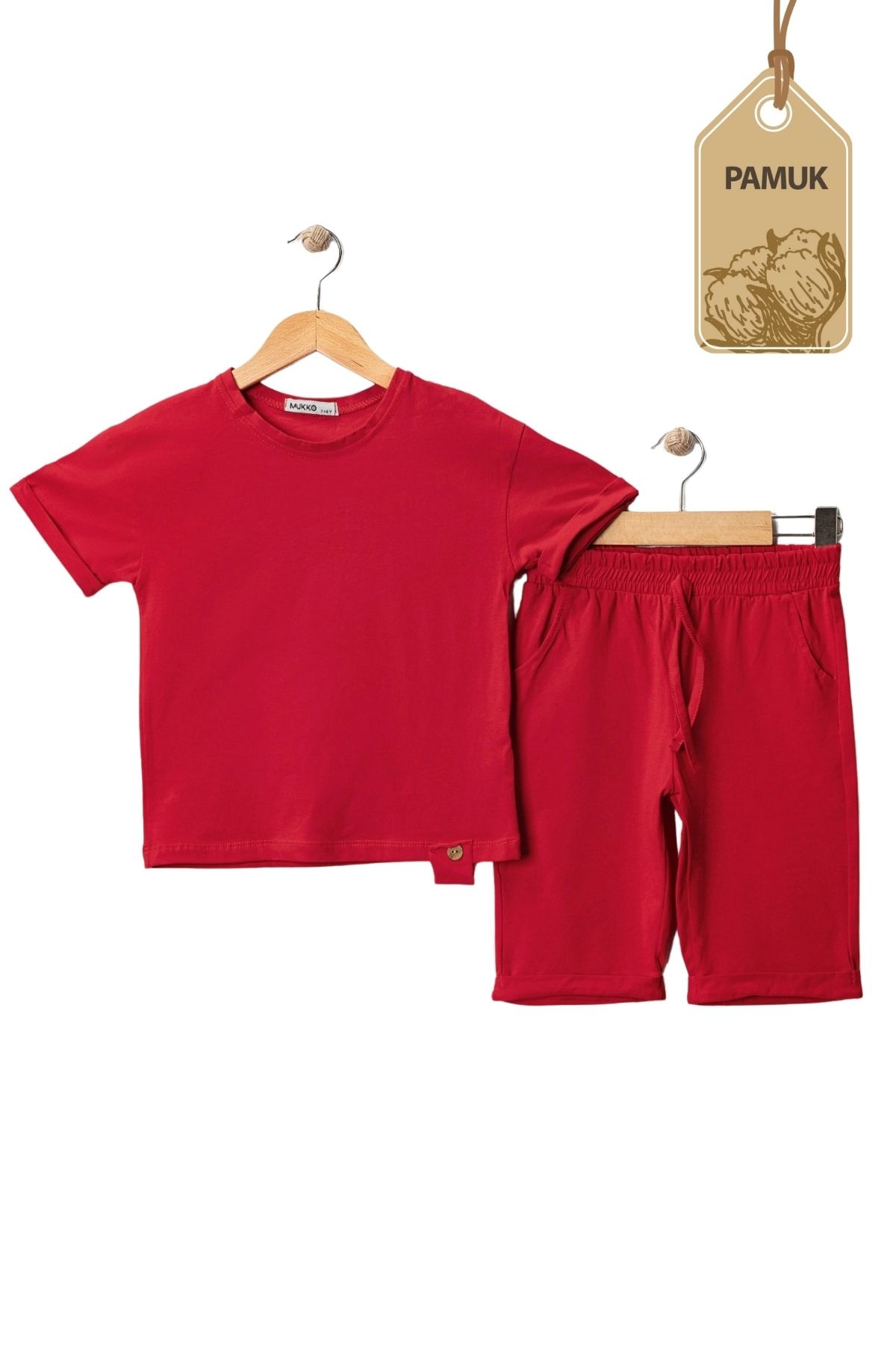 MK Mukko Kids Kız Erkek Çocuk Tahta Düğmeli Tasarım Basic Yazlık Kırmızı Alt Üst Takım