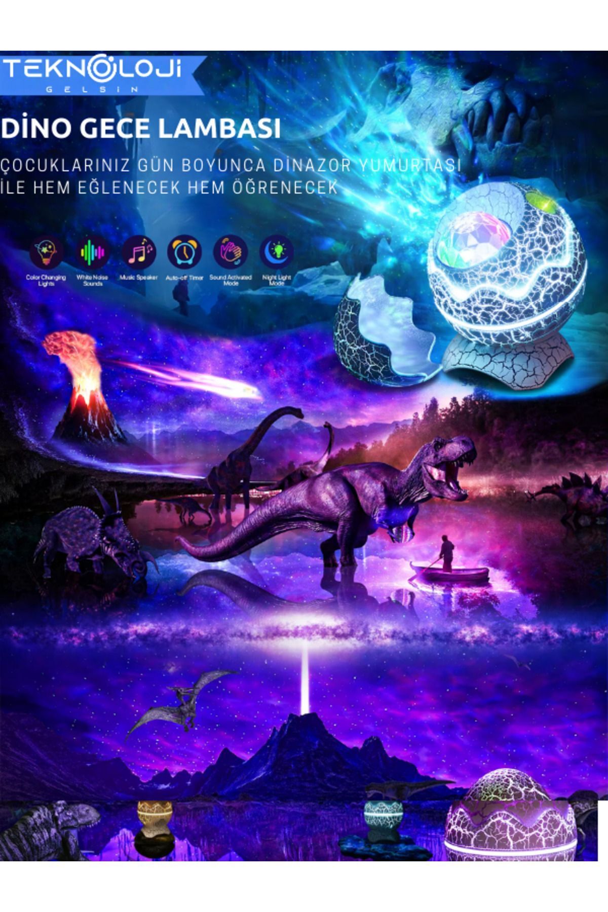 SerenityHaven Kumandalı Gece Lambası Projektör Işık Çocuklar İçin Eğitici Bluetooth Hoparlör Dinazor Yumurtası