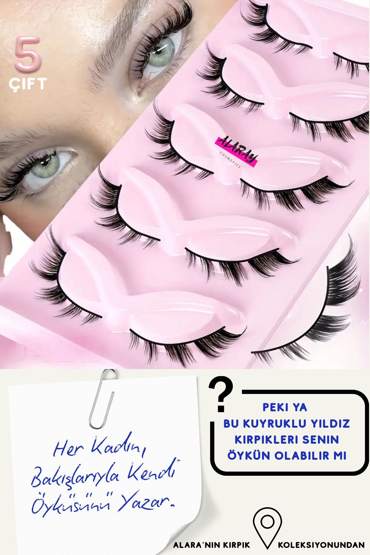 alaraycosmetics Alara'nın Kirpik Koleksıyonundan- 5 Çift Doğal ve Kuyruklu Stiller, C Bukle, Çoklu Uzunluklar, 0.07m