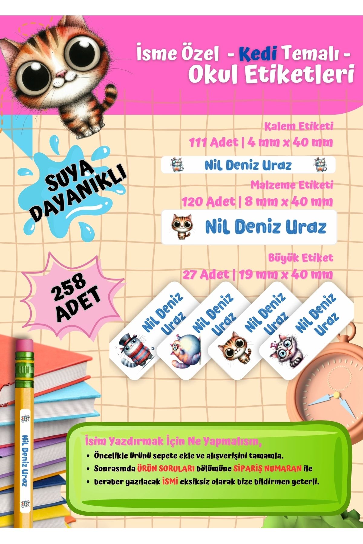 Ceres Studio Kedi Temalı Kişiye Özel Suya Dayanıklı Okul Etiketi Seti - 258 Adet İsimli Etiket