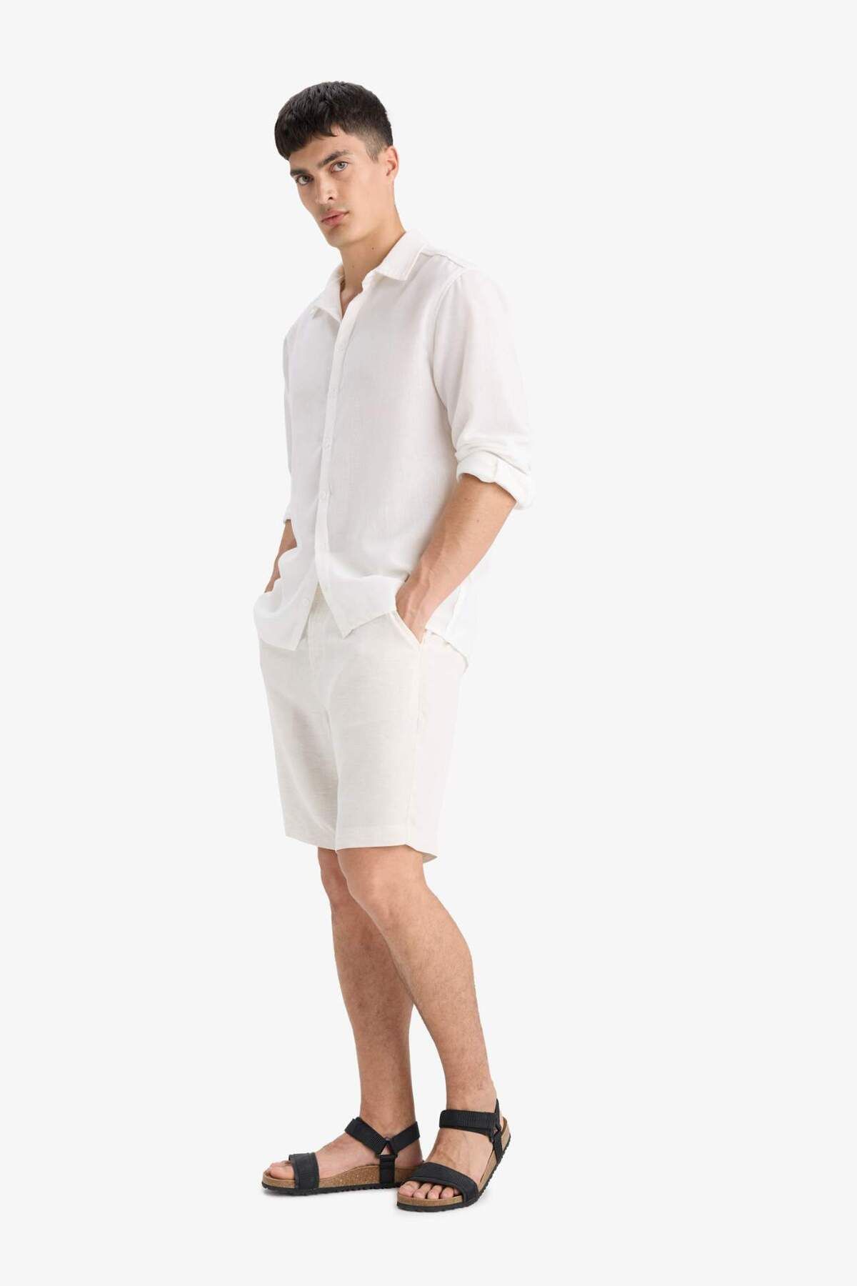DeFacto-Reguläre Passform, gerader Bein-Bermudashorts aus Leinenmischung D4277AX25SM 4