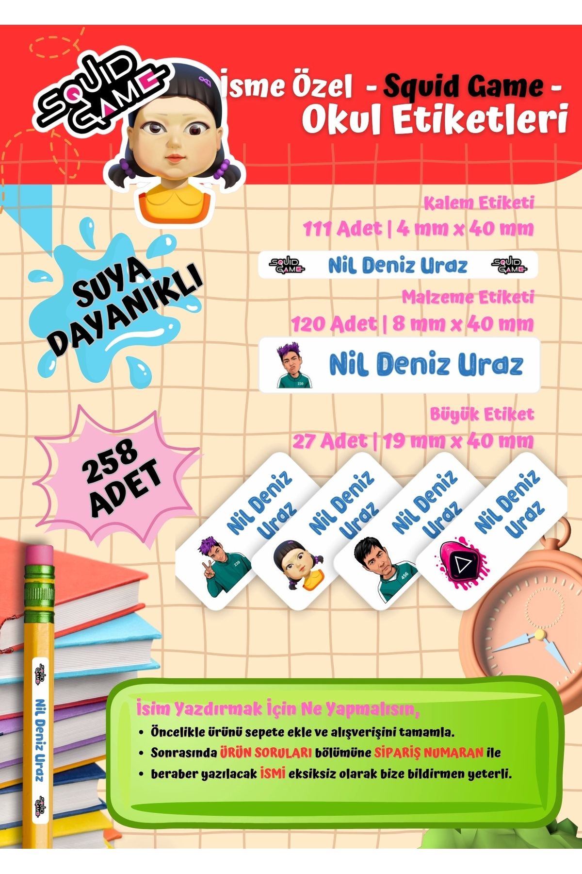 Ceres Studio Squid Game Temalı Kişiye Özel Suya Dayanıklı Okul Etiketi Seti - 258 Adet İsimli Etiket