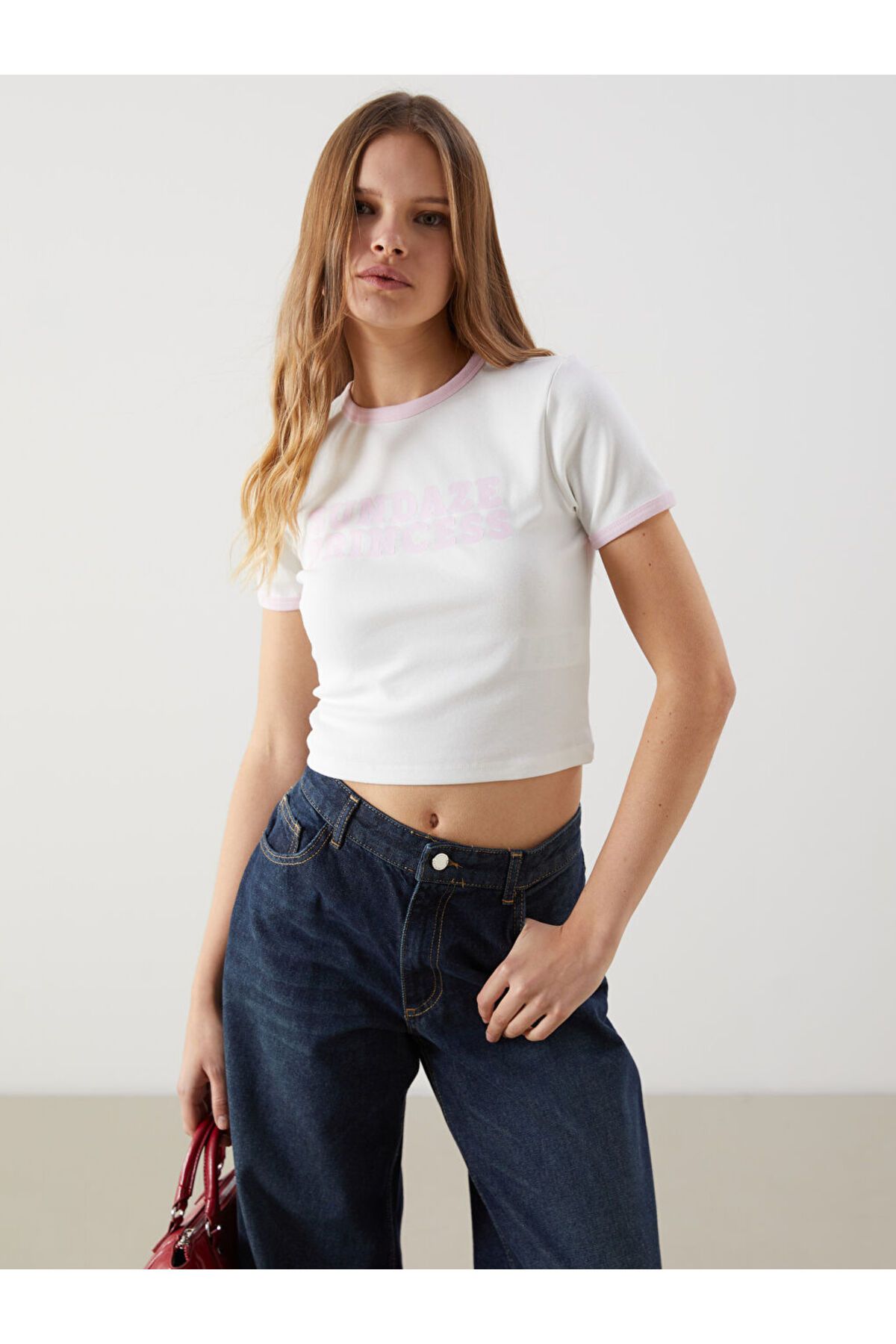 LC Waikiki XSIDE Ekru Bisiklet Yaka Baskılı Kadın Crop S5LT75Z8NVY25