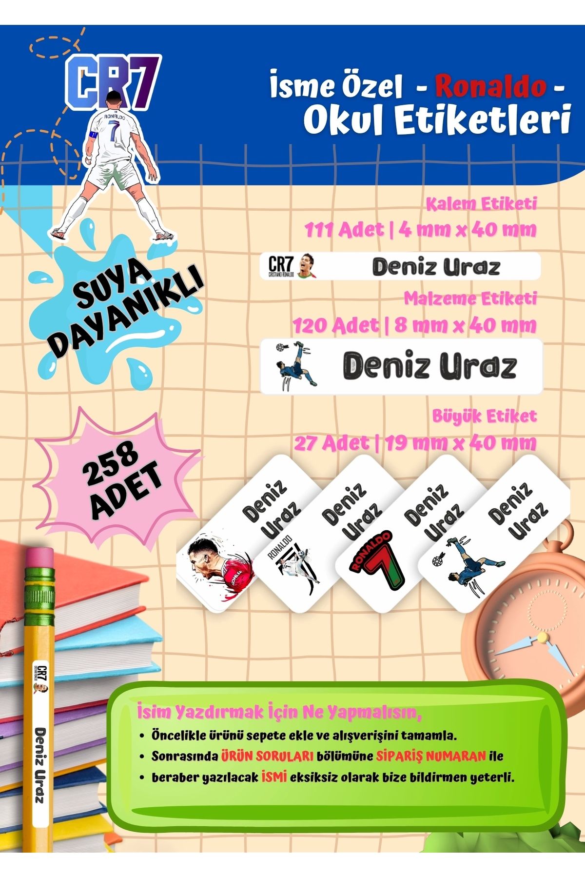 Ceres Studio Ronaldo Temalı Kişiye Özel Suya Dayanıklı Okul Etiketi Seti - 258 Adet İsimli Etiket