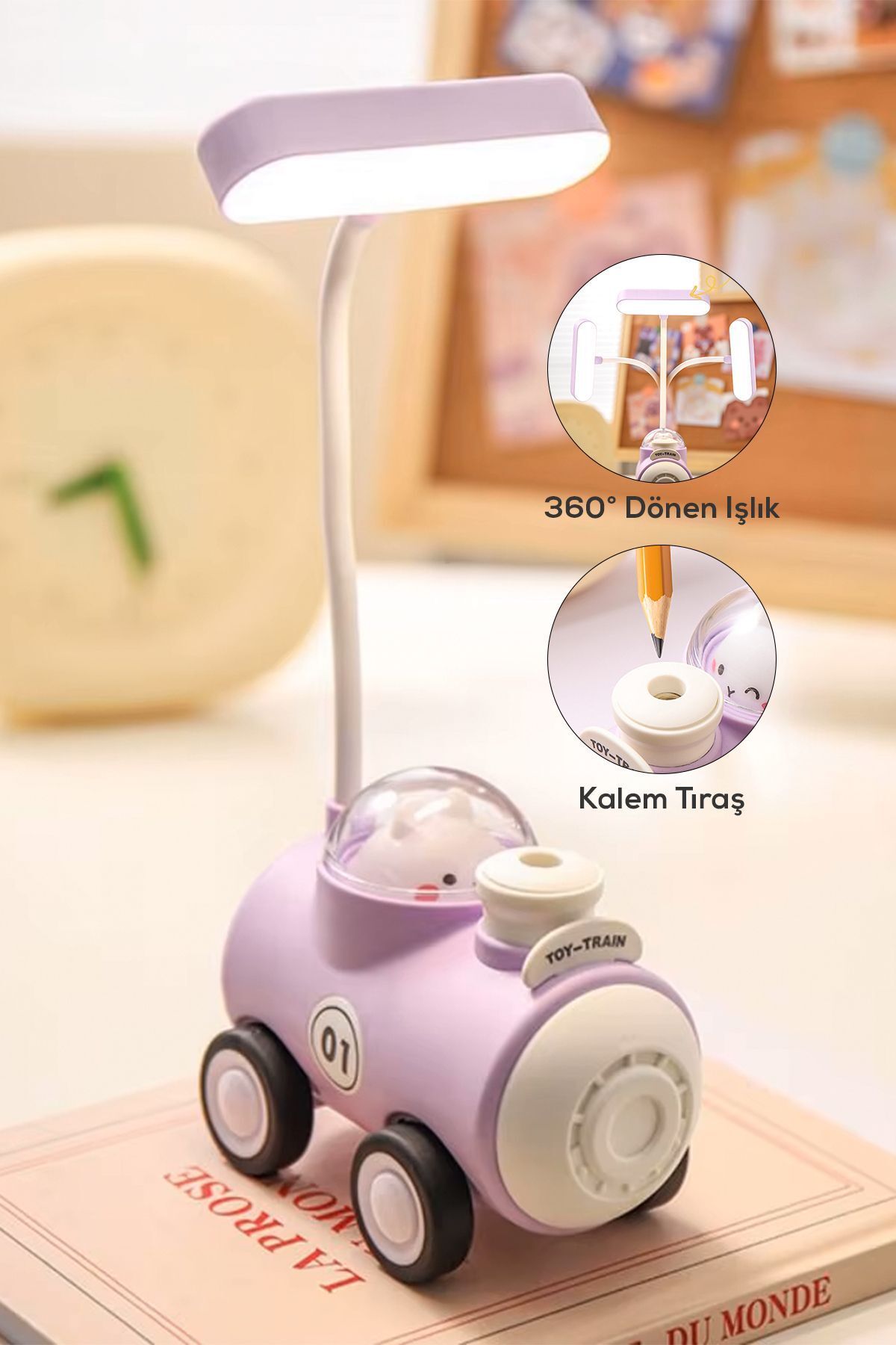 SerenityHaven Tren Görünümlü Kalemtıraşlı Gece Lambası Mor Renk