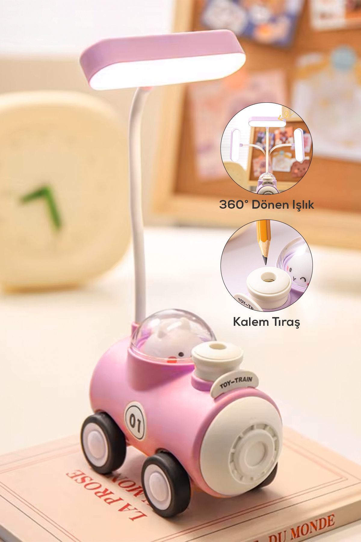 SerenityHaven Tren Görünümlü Kalemtıraşlı Gece Lambası Pembe Renk