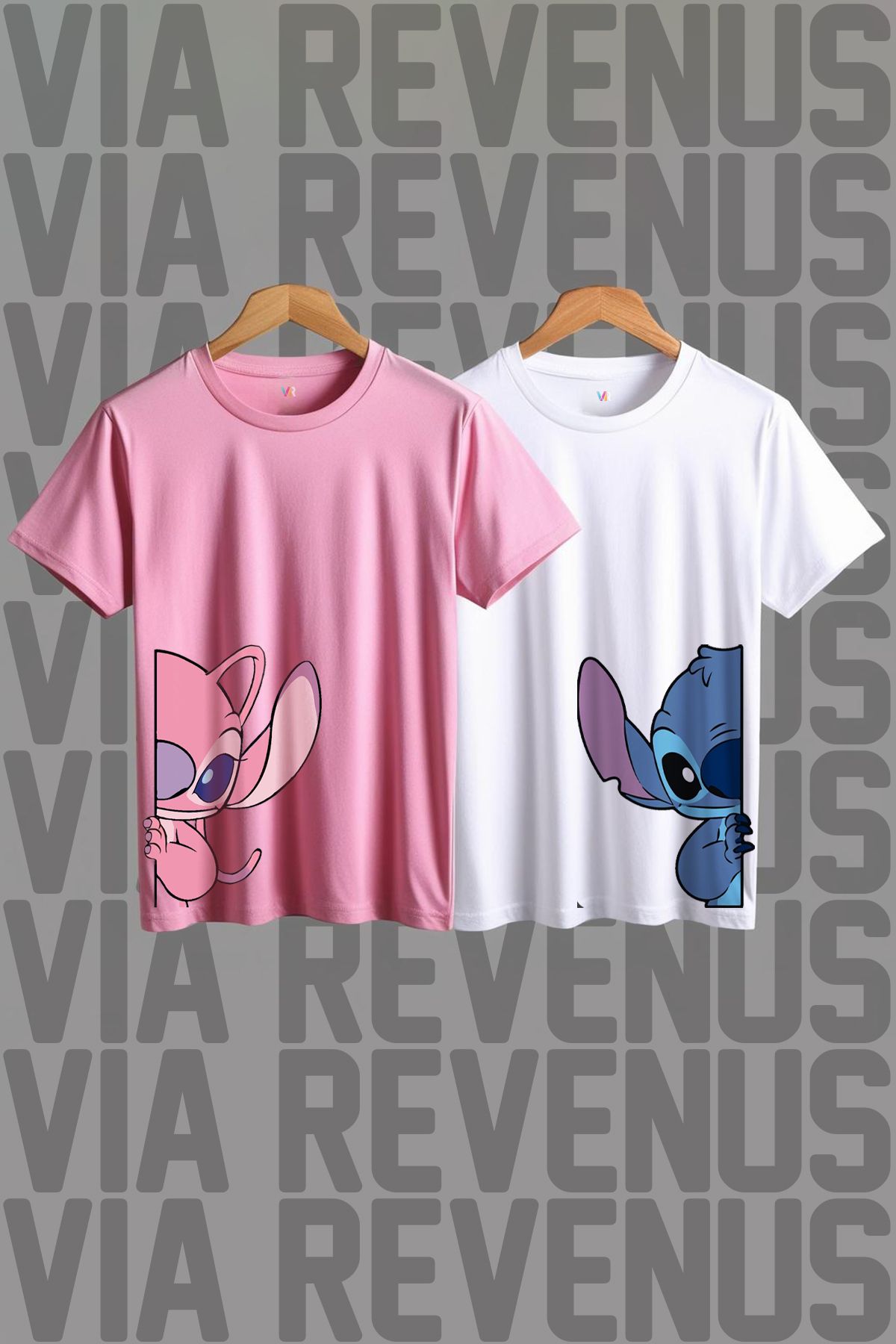 Vordevia Baskılı %100 Pamuk Geniş Kalıp Bisiklet Yaka 2li Sevgili / Arkadaş Kombini Tshirt