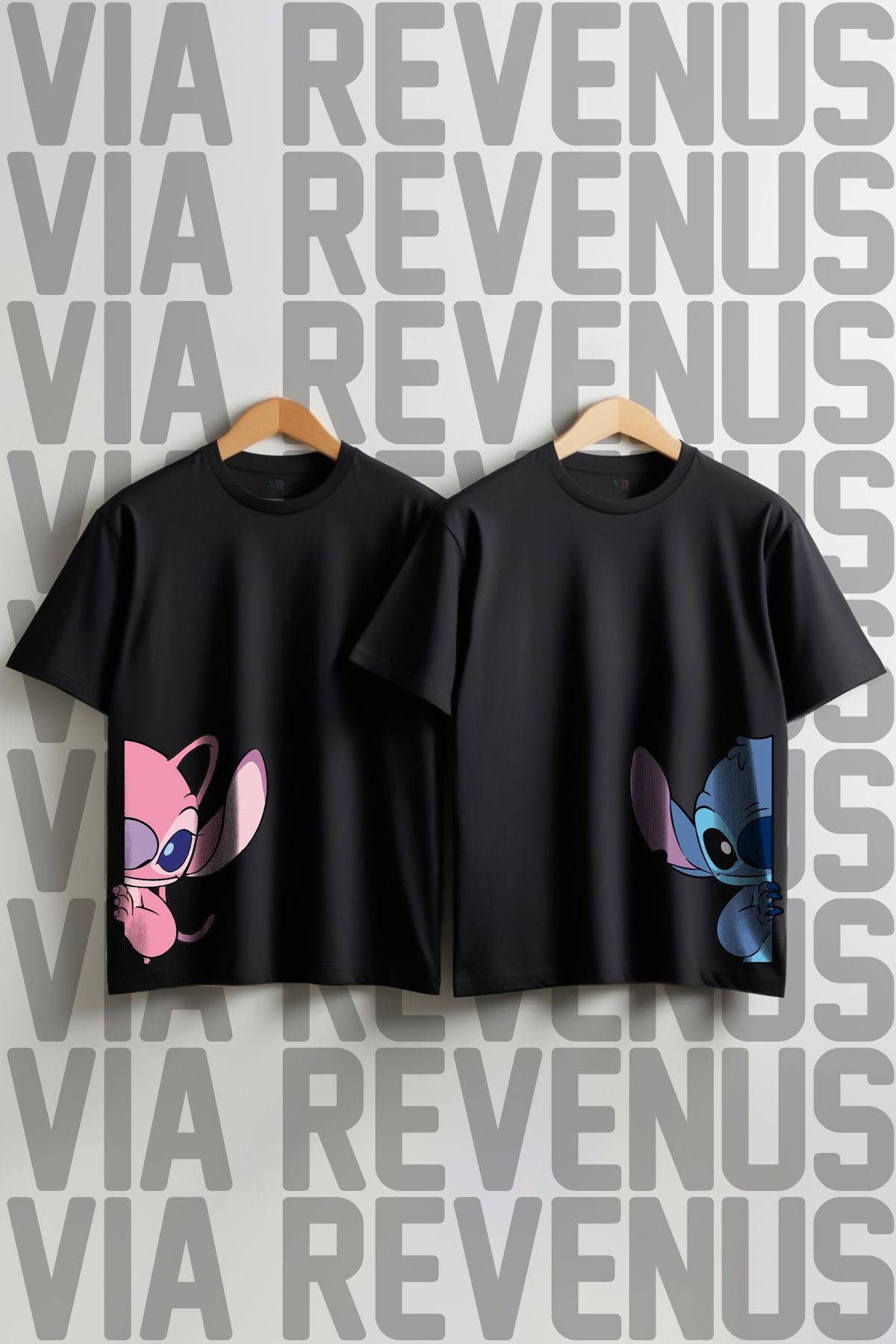 Vordevia Baskılı %100 Pamuk Geniş Kalıp Bisiklet Yaka 2li Sevgili / Arkadaş Kombini Tshirt
