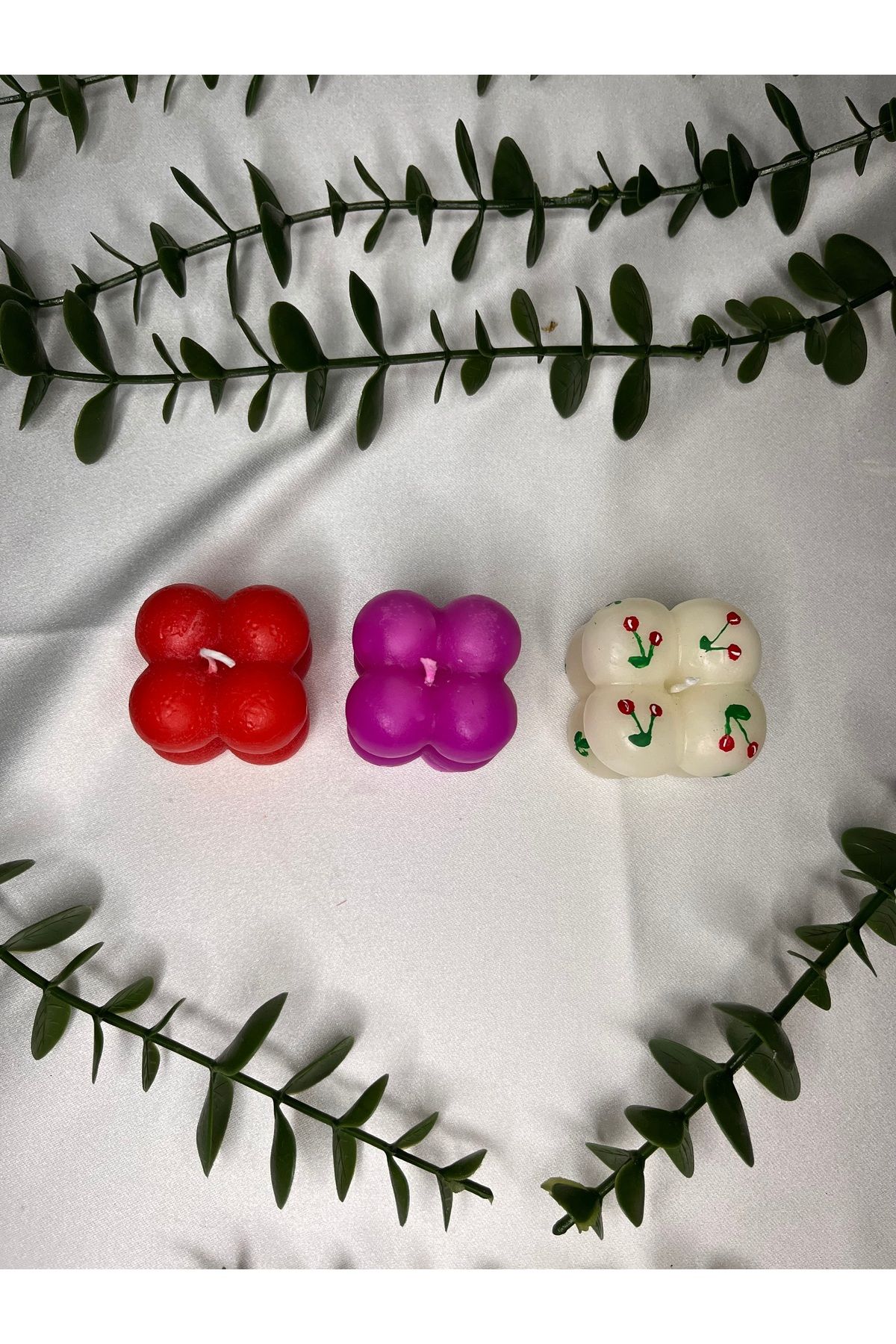 Nis Candle More 3'lü bubble mum seti- Kırmızı- pembe- kiraz desen