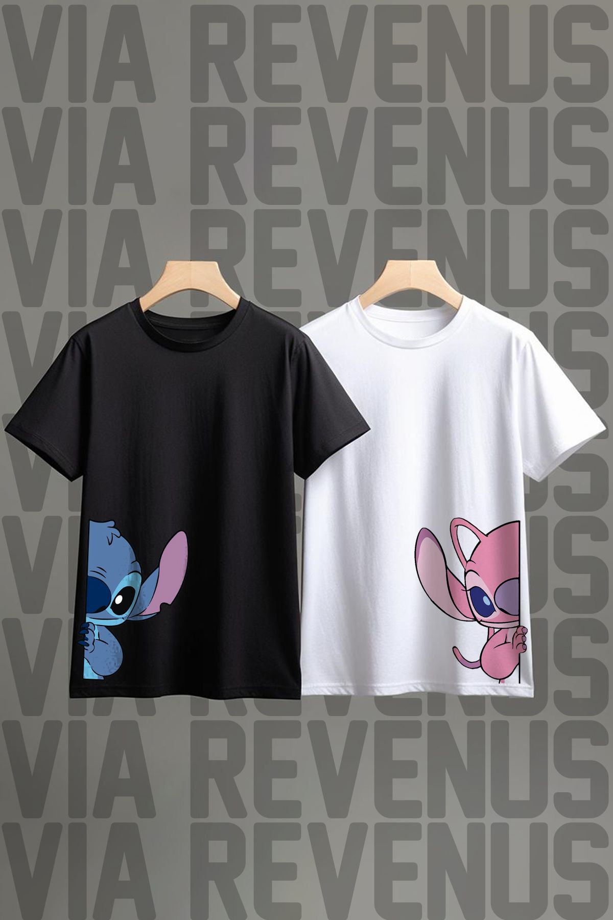 Vordevia Baskılı %100 Pamuk Geniş Kalıp Bisiklet Yaka 2li Sevgili / Arkadaş Kombini Tshirt