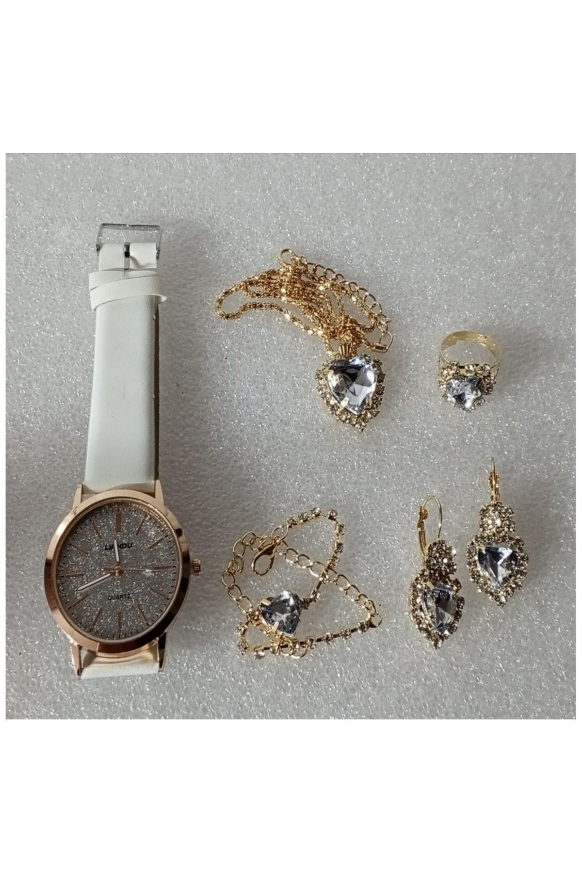 orco ( 6 X PARÇA ) TIME CRYSTAL SAAT + KALP KUPE +KOLYE + BİLEKLİK + YÜZÜK TAKI SETİ KRİSTAL