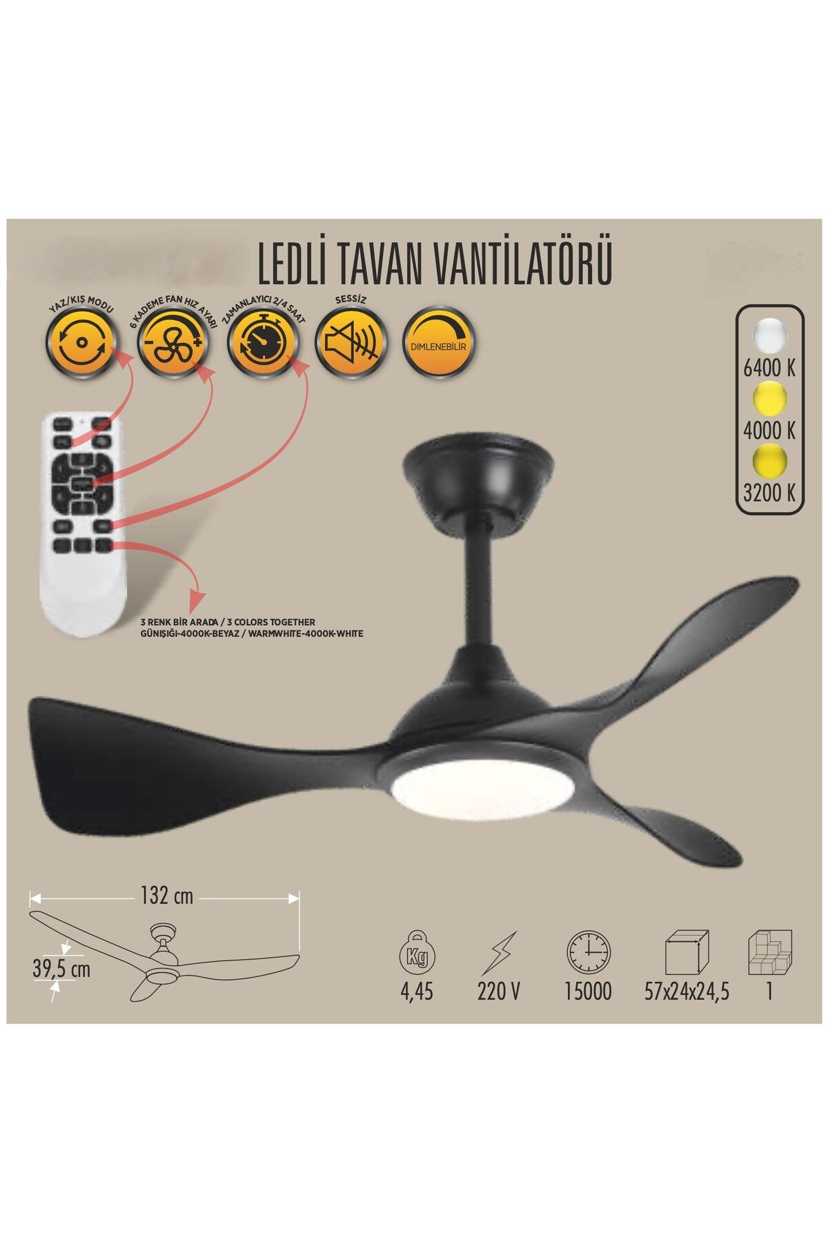 BEGİN Led ışıklı uzaktan kumandalı tavan vantilatör siyah