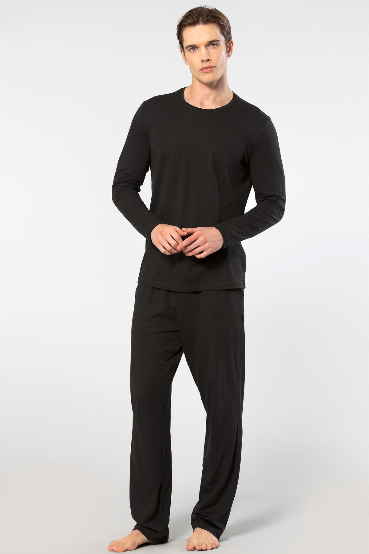 NazikEndam cachare Erkek Bisiklet Yaka Uzun Kollu Modal Pijama Takım 2244/Siyah