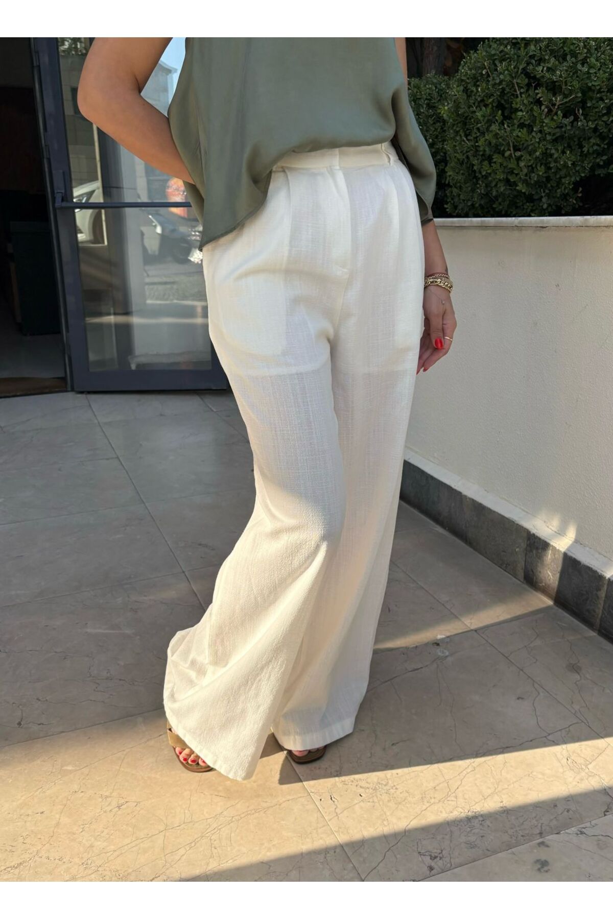 saze butik Beyaz Astarlı Keten Pantolon
