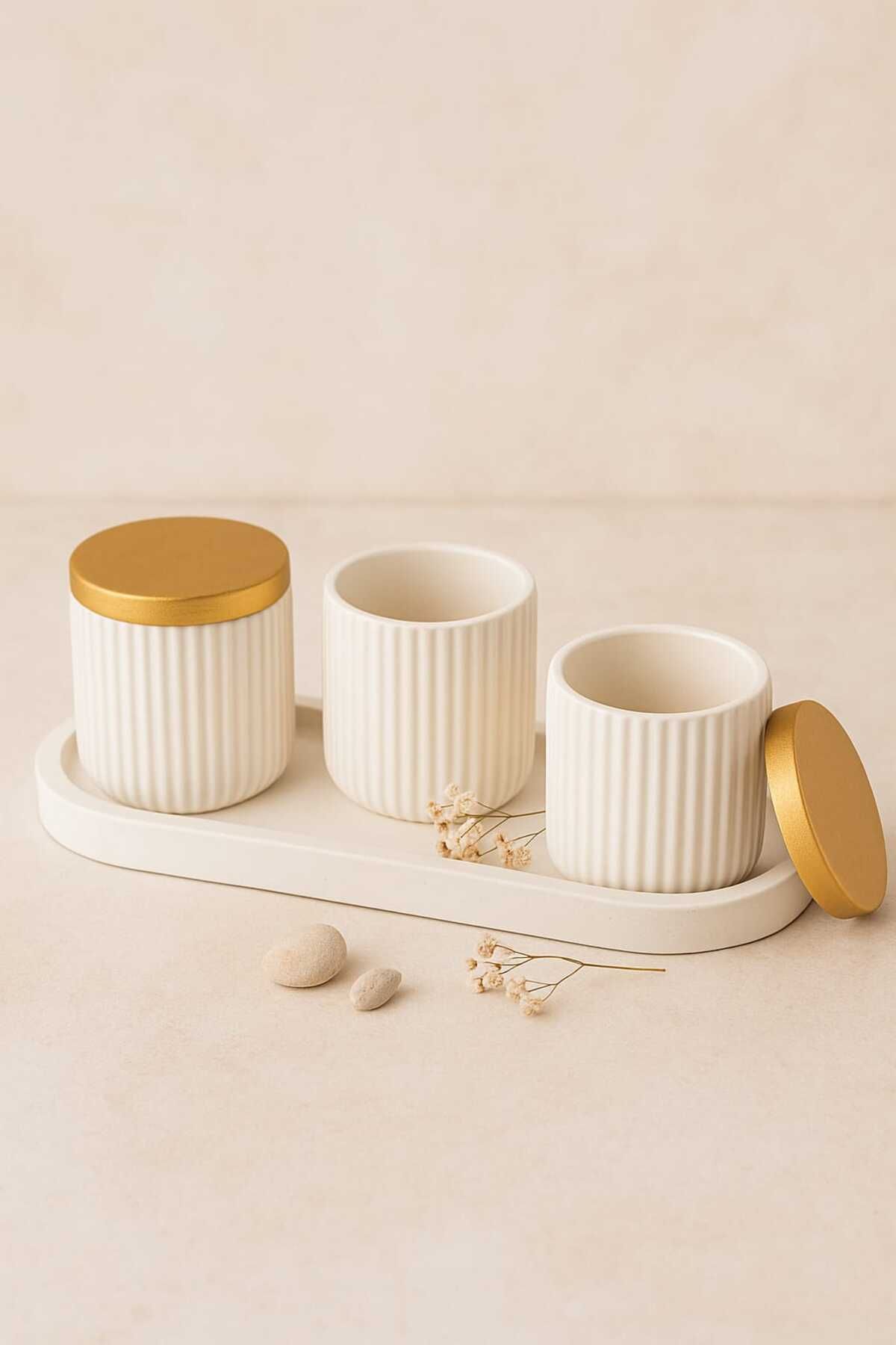 BOWEHOME SAKLAMA KABI & ORGANİZER & BANYO DÜZENLEYİCİ DEKORATİF GOLD KAPAKLI 4 LÜ SET