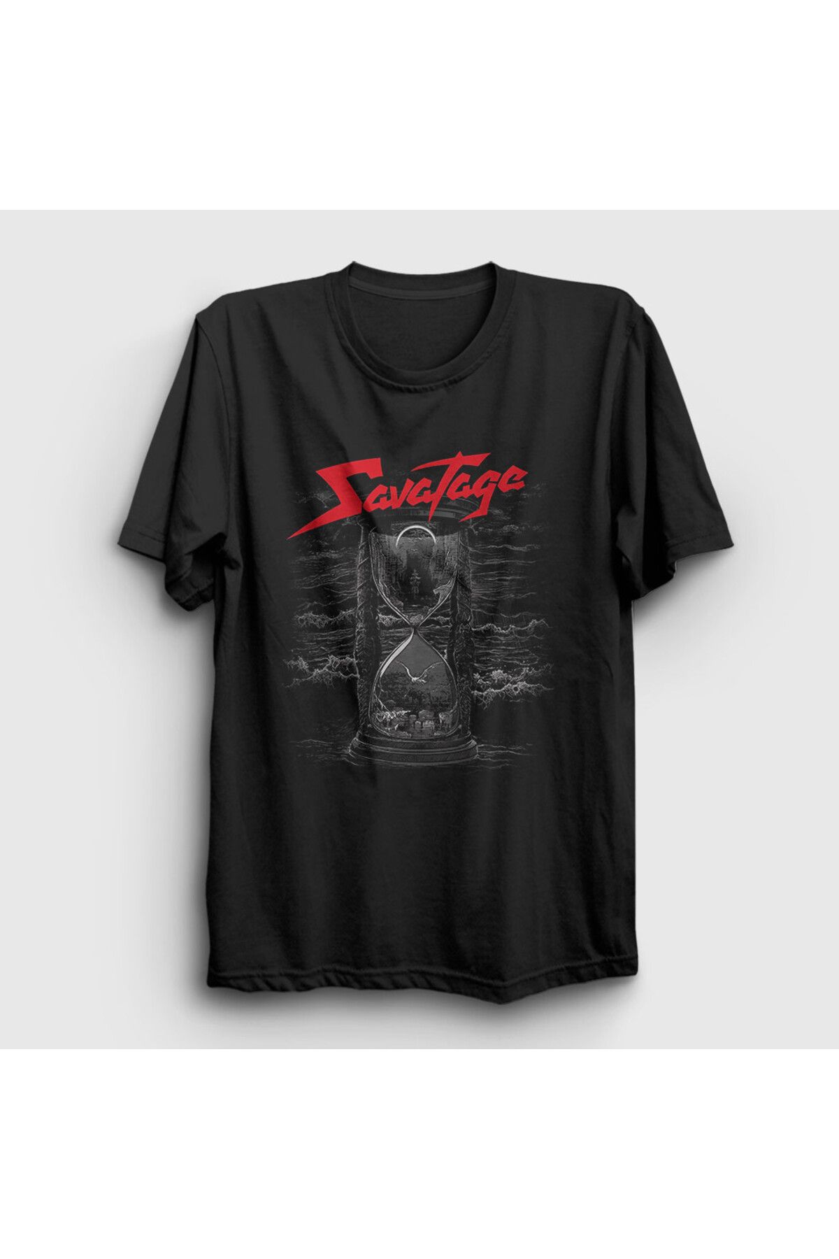 Presmono Unisex Siyah Hourglass Metal Savatage T-Shirt 549010tt