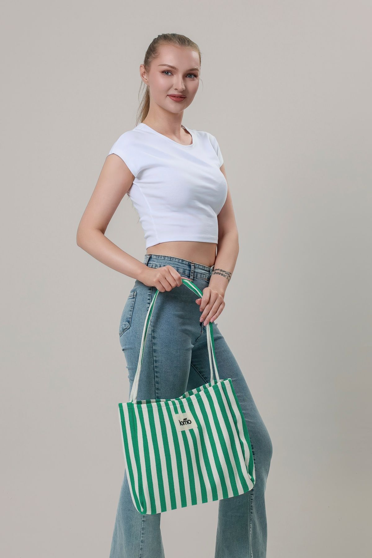 Lomo Bags Lomo One Omuz Çantası – Hem Günlük Hem Tatil Şıklığı Mini Clutch Hediye - Yeşil Çizgili