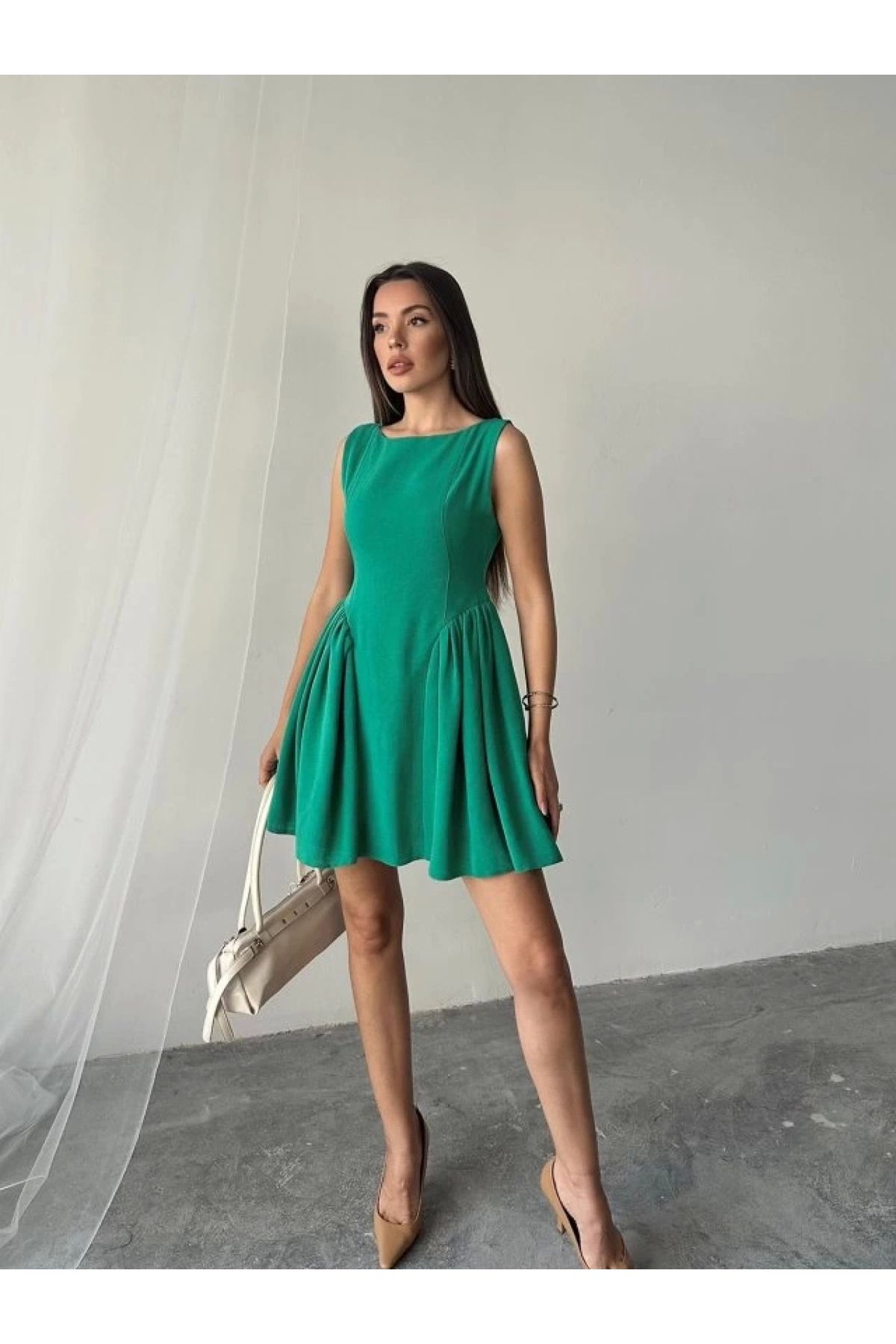 POLEXP Fresh Green Mini Keten Elbise